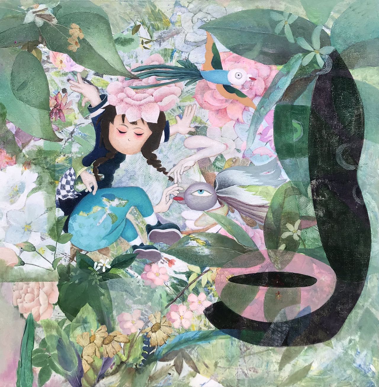 A whimsical painting of a figure surrounded by flowers, birds, and surreal elements.