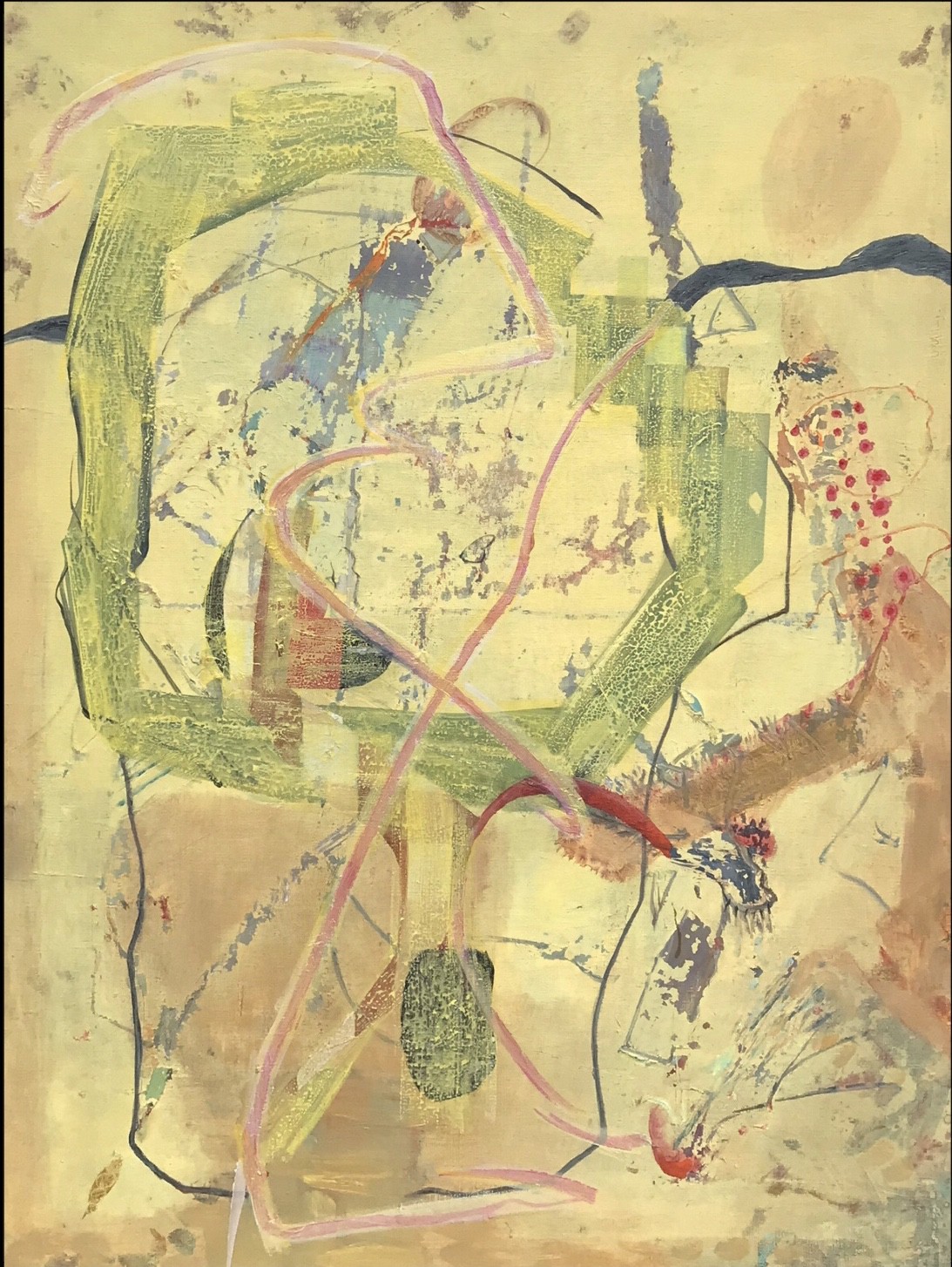 An abstract composition featuring a central green geometric form intertwined with delicate pink lines against a textured beige background.