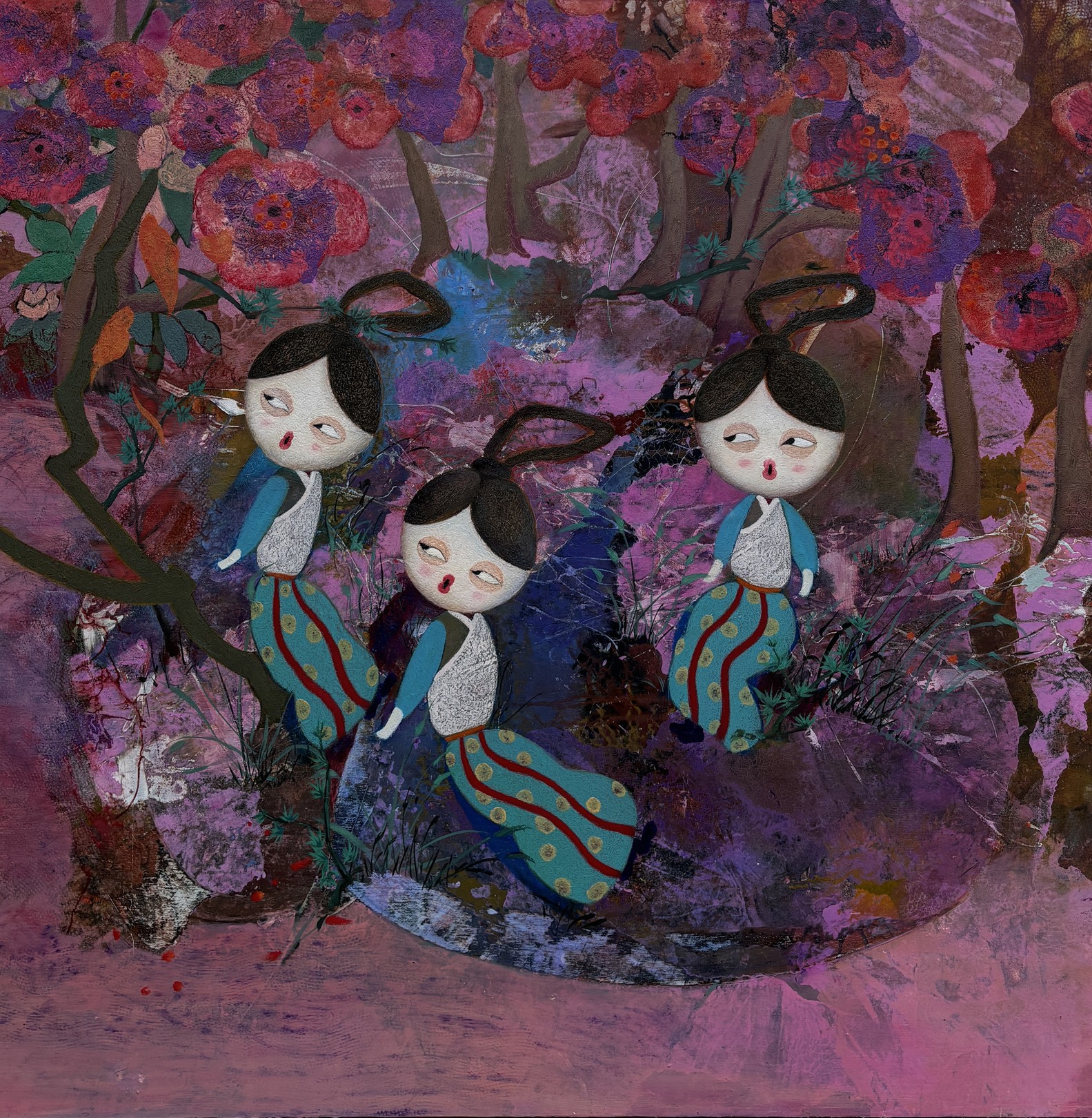 Three stylized figures in a vibrant, textured forest scene.