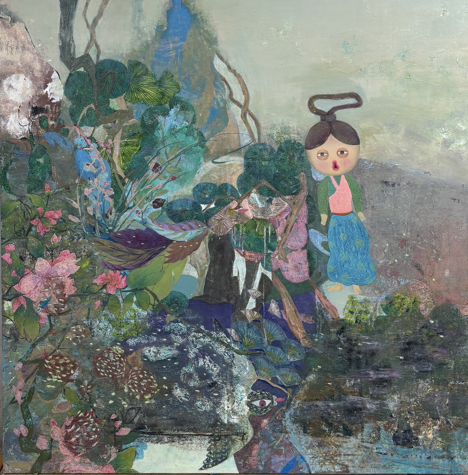 A surreal landscape painting featuring a stylized figure amidst dense, vibrant flora and water.