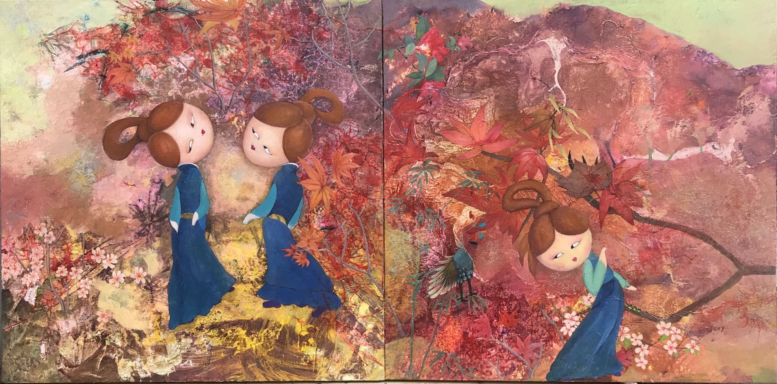 A whimsical painting of three stylized figures in blue robes wandering through a vibrant autumn forest.