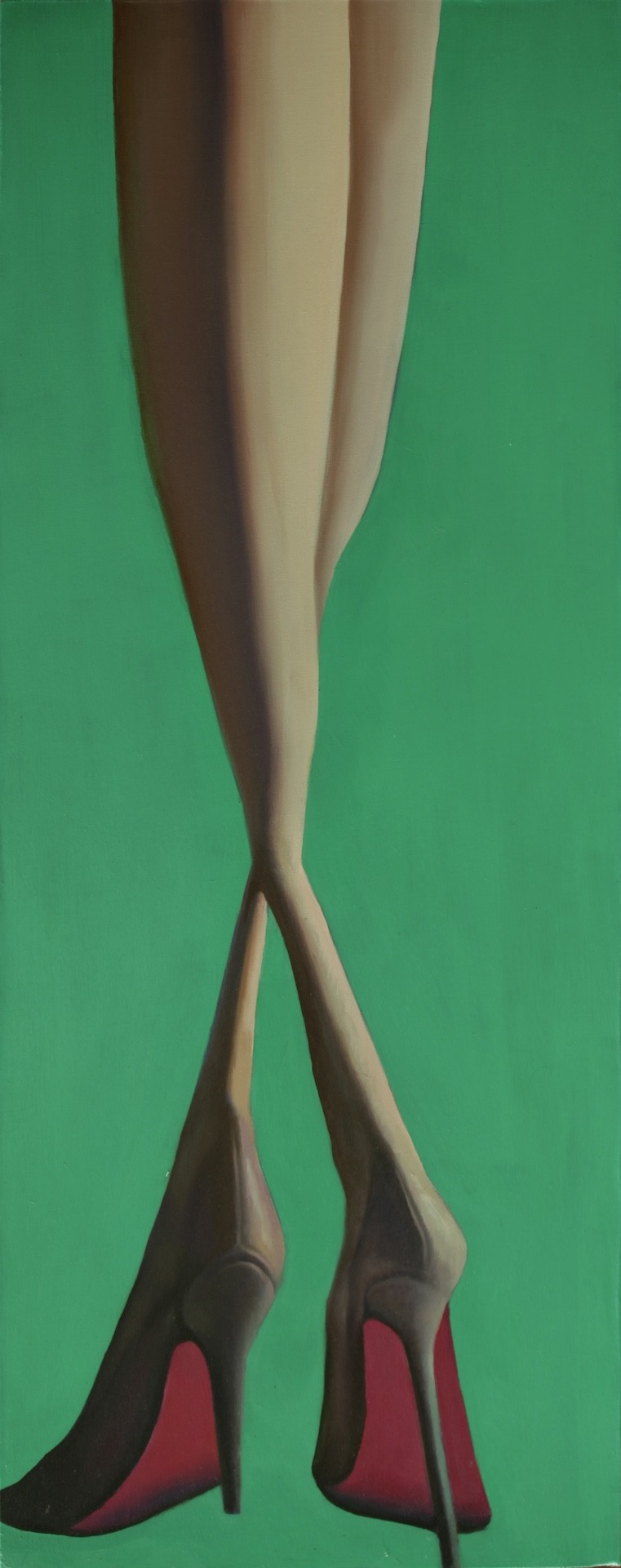 A stylized painting of crossed legs in high heels against a solid green background.