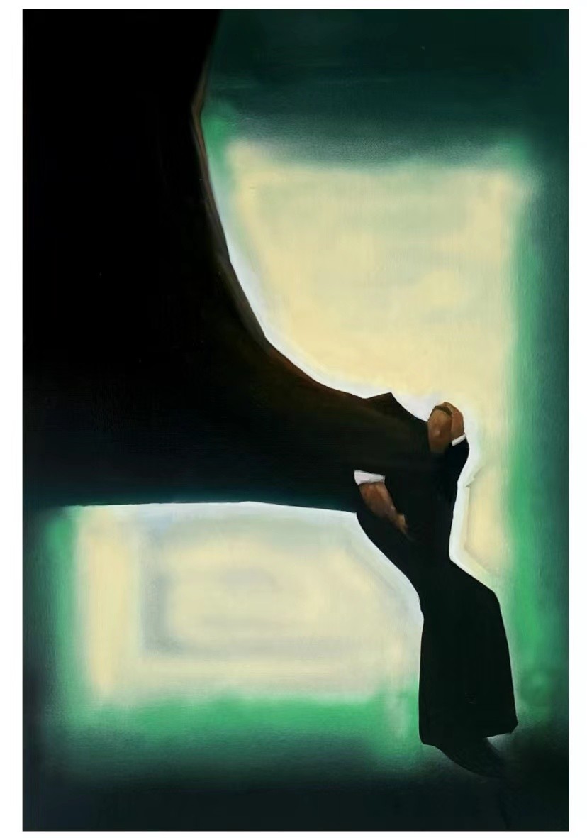 A dramatic painting of a figure in dark clothing emerging from a glowing green and yellow light.