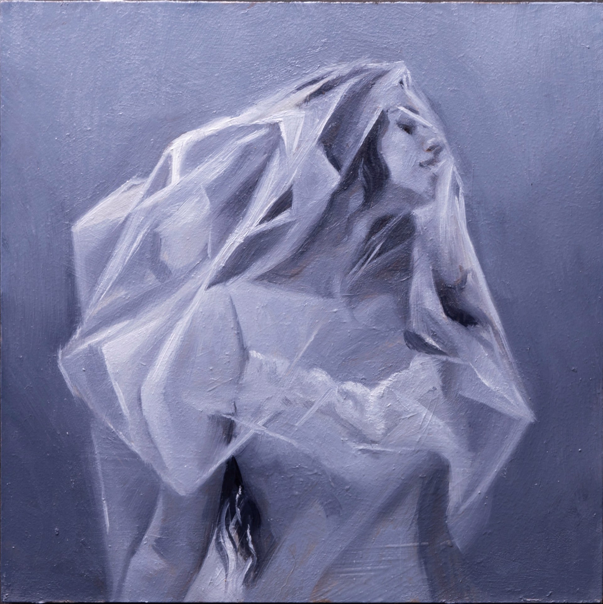 A painting of a woman wrapped in plastic wrap. 
