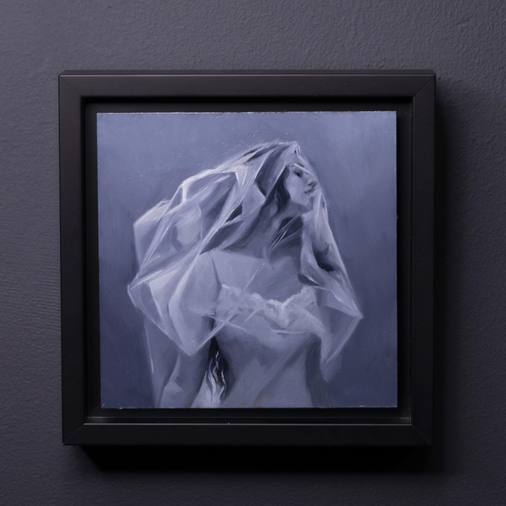 A painting of a woman wrapped in plastic wrap. 