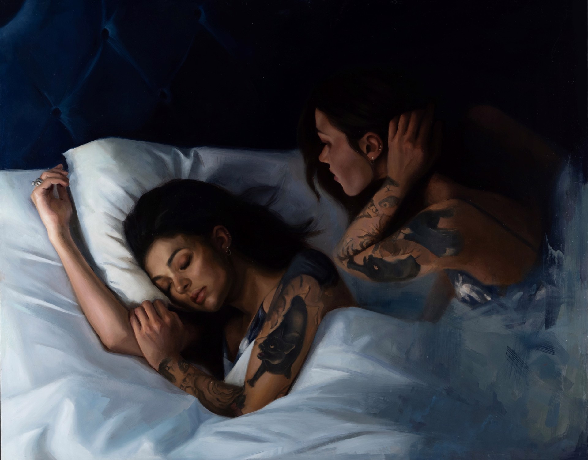 A painting of two tattooed figures in bed, one sleeping and the other awake.