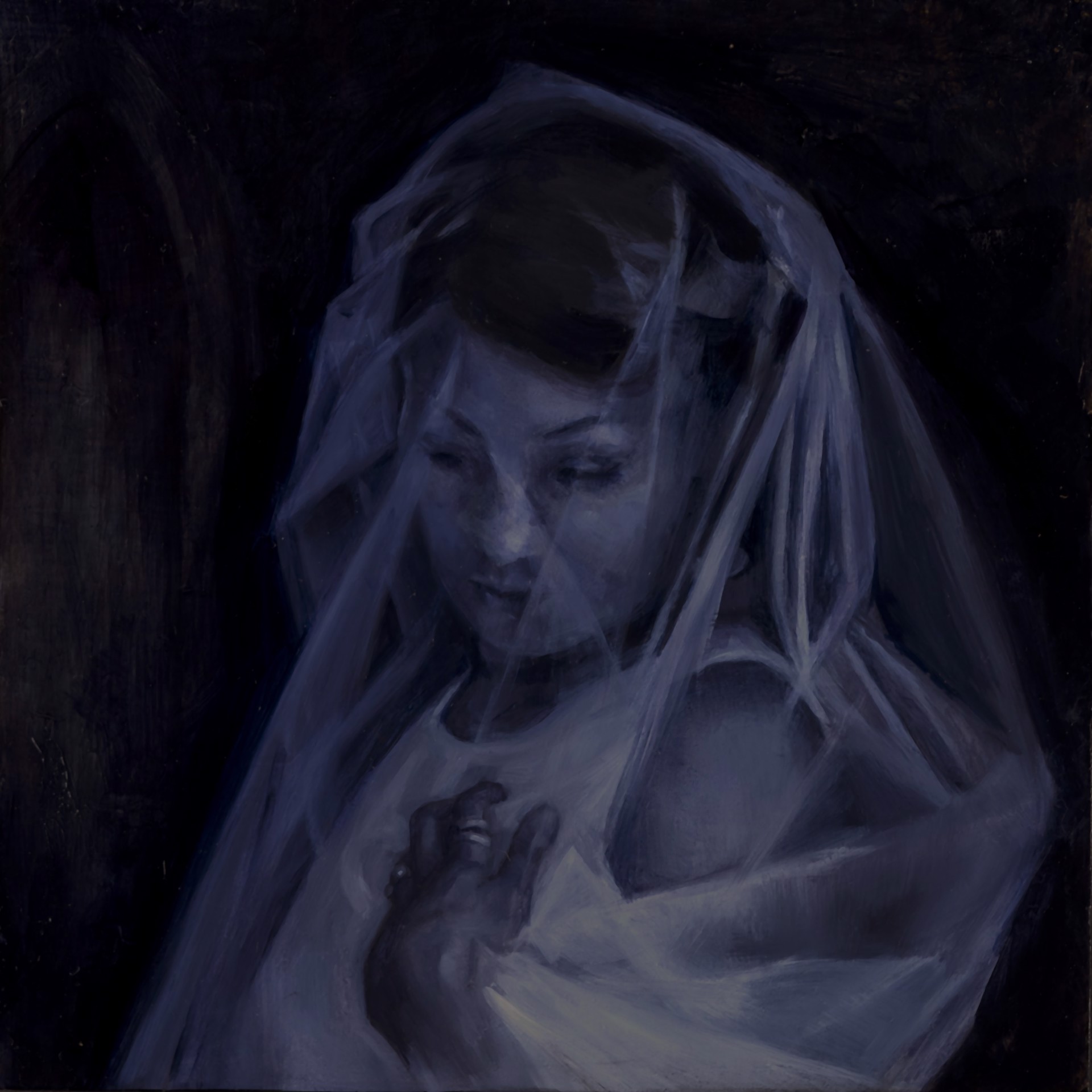 A painting of a woman wrapped in a veil.