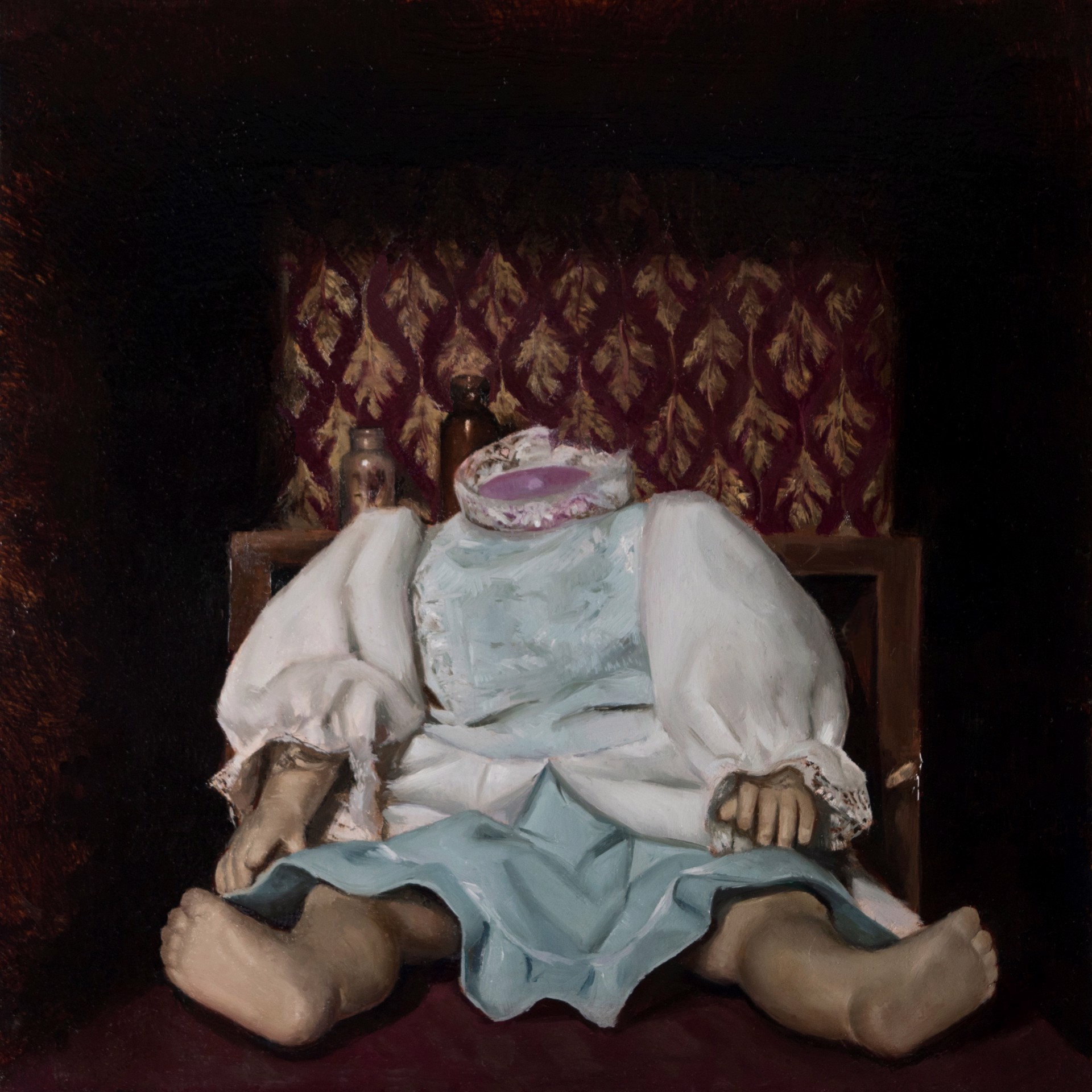 A painting of a person laying on a chair with a pillow on their head.