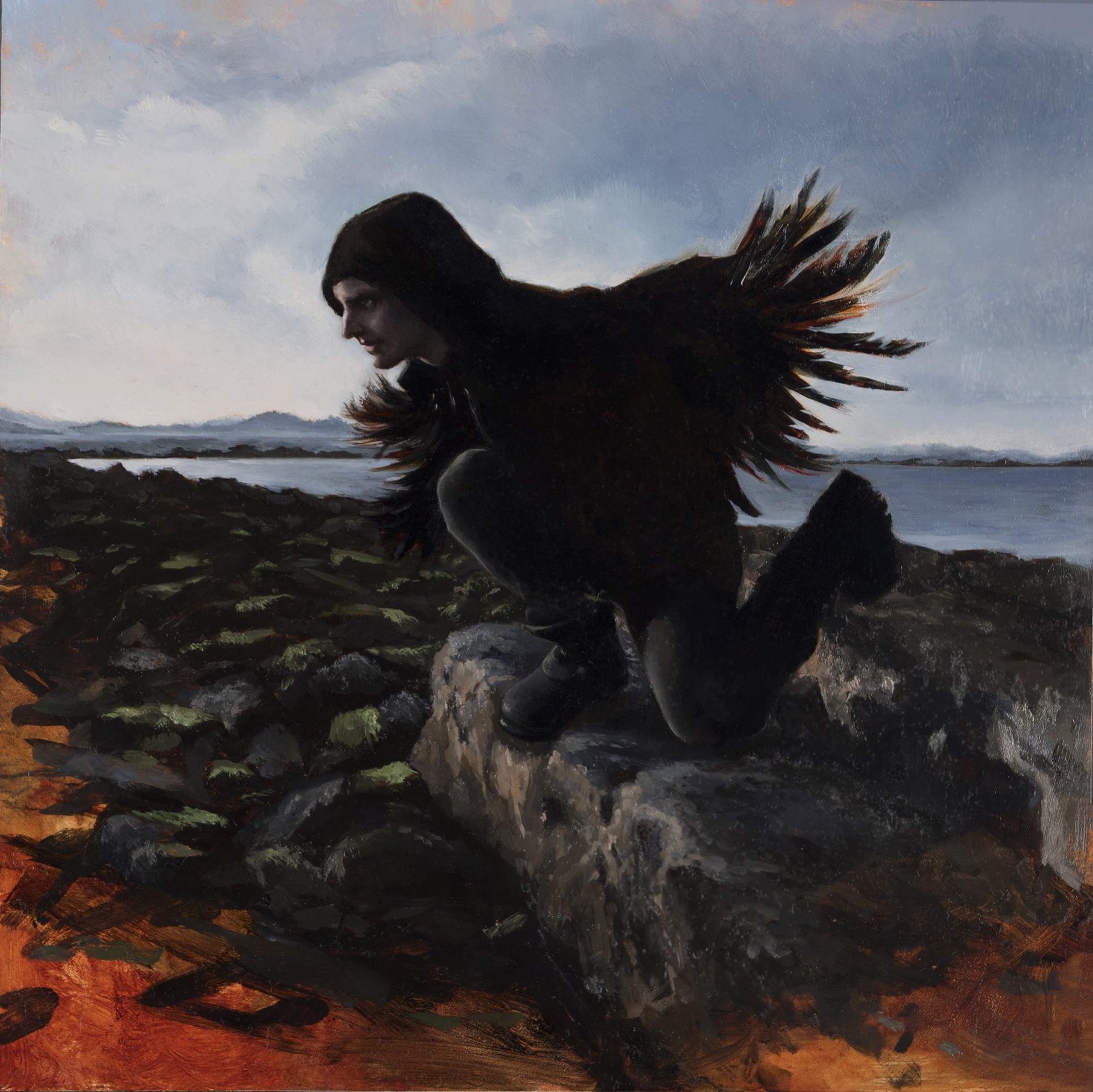 A painting of a woman kneeling on a rock by the water.