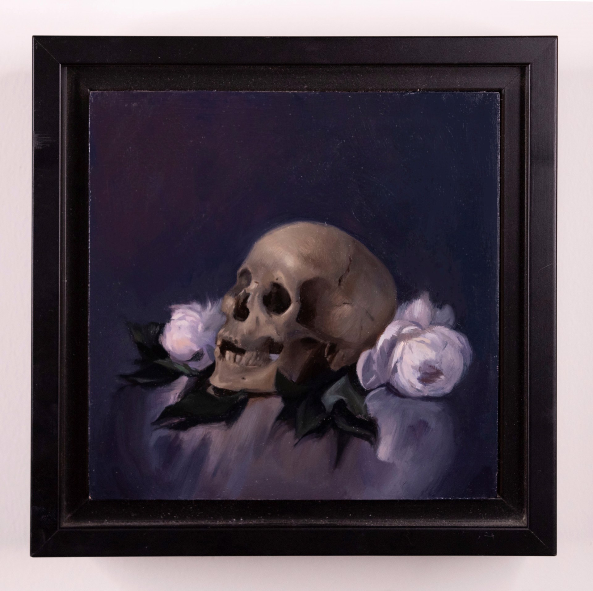 A painting of a skull and two white roses on a purple background.