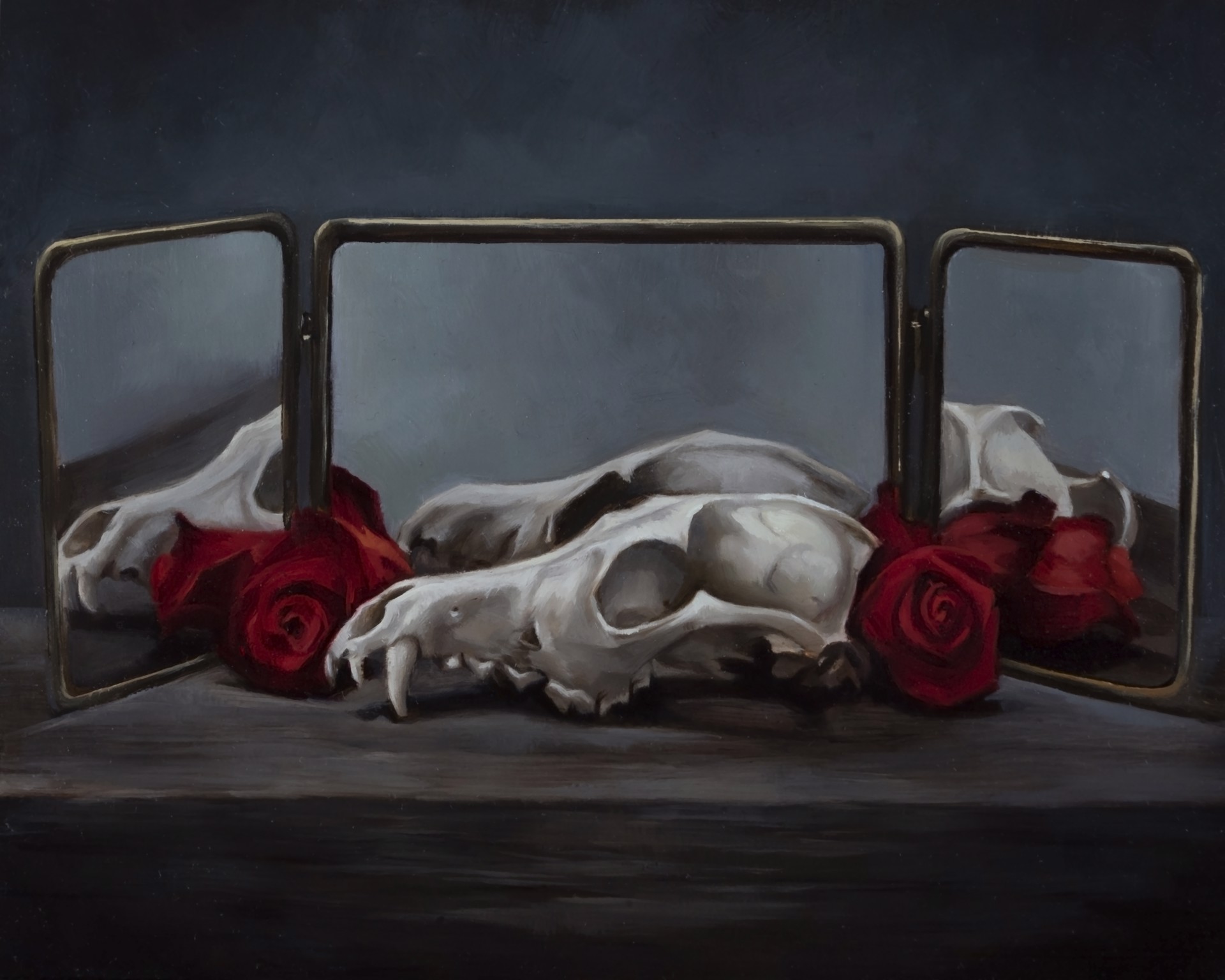 A somber still life featuring animal skulls and red roses reflected in open mirrors.