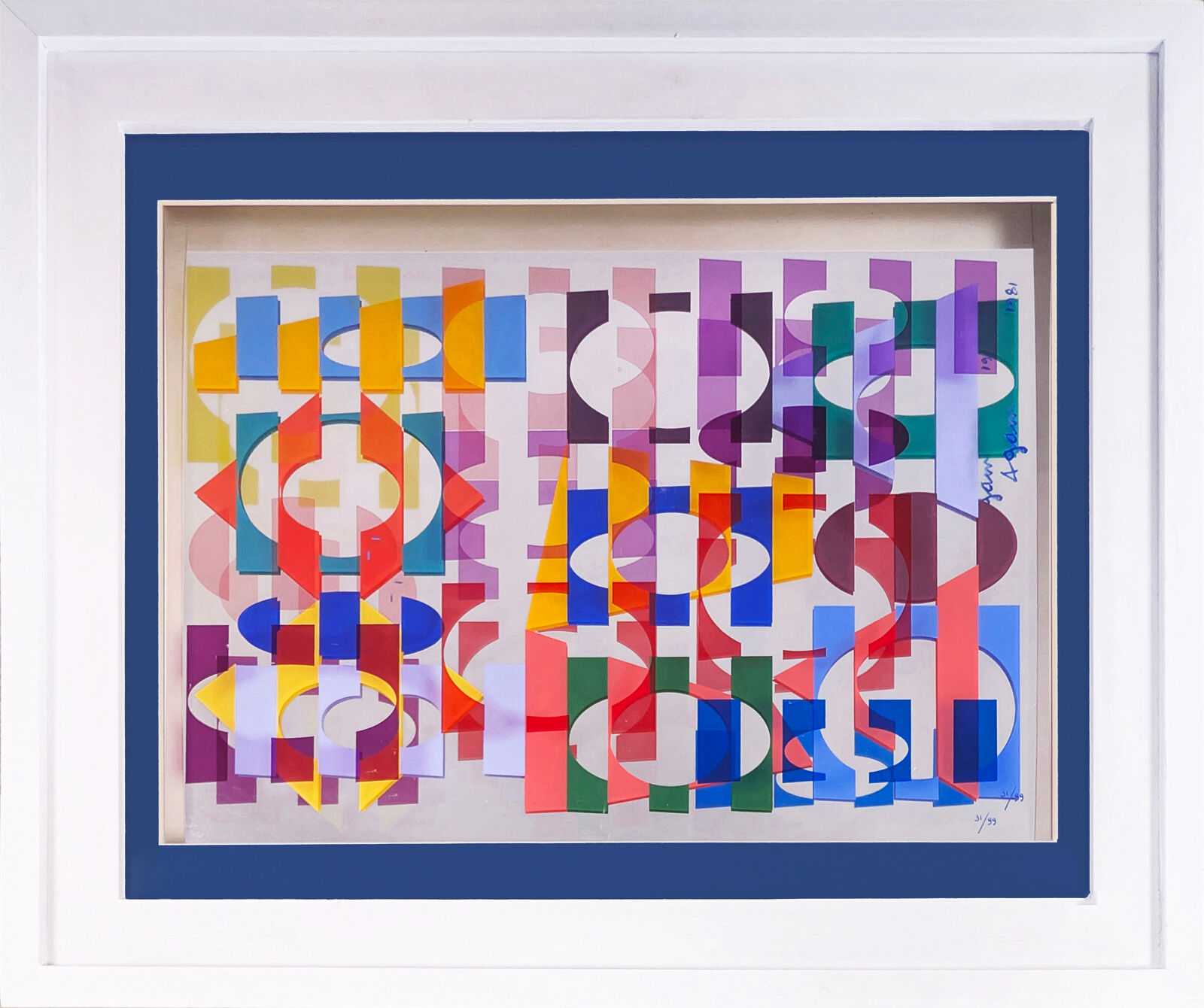 A picture of a colorful abstract painting in a white frame.