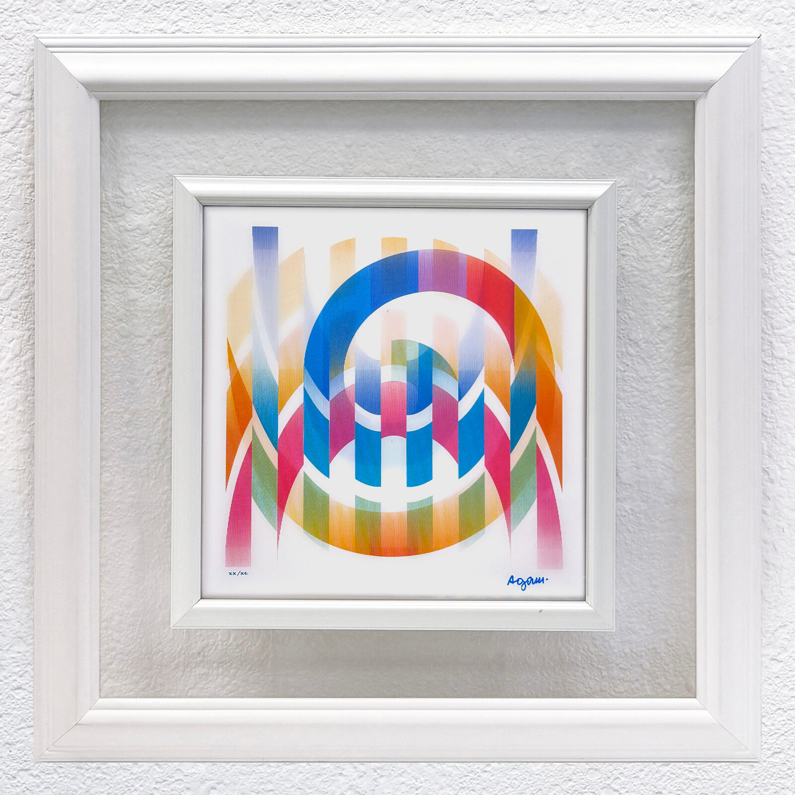 A colorful abstract geometric composition featuring a central arch and vertical stripes.