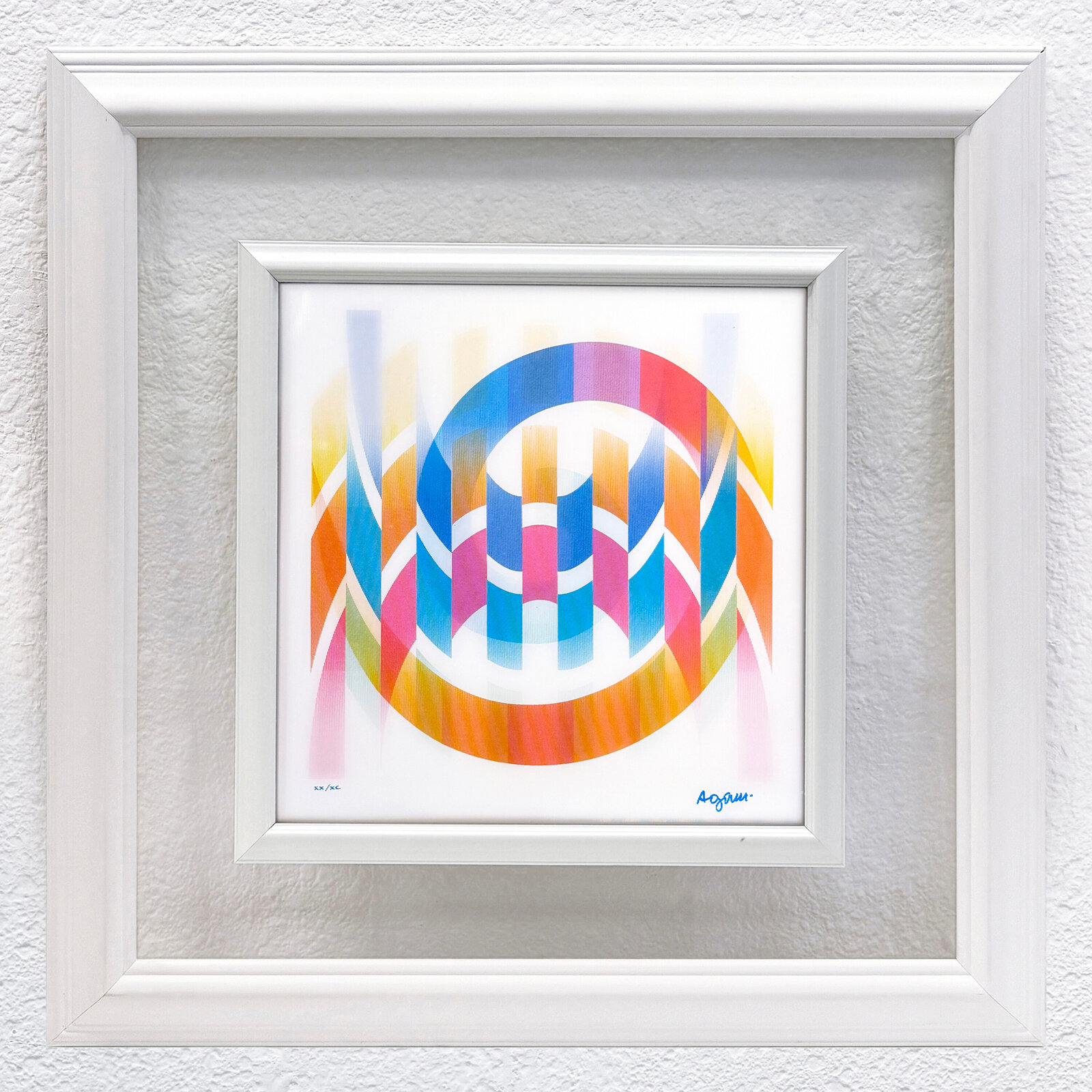 A colorful abstract geometric composition featuring a central arch and vertical stripes.