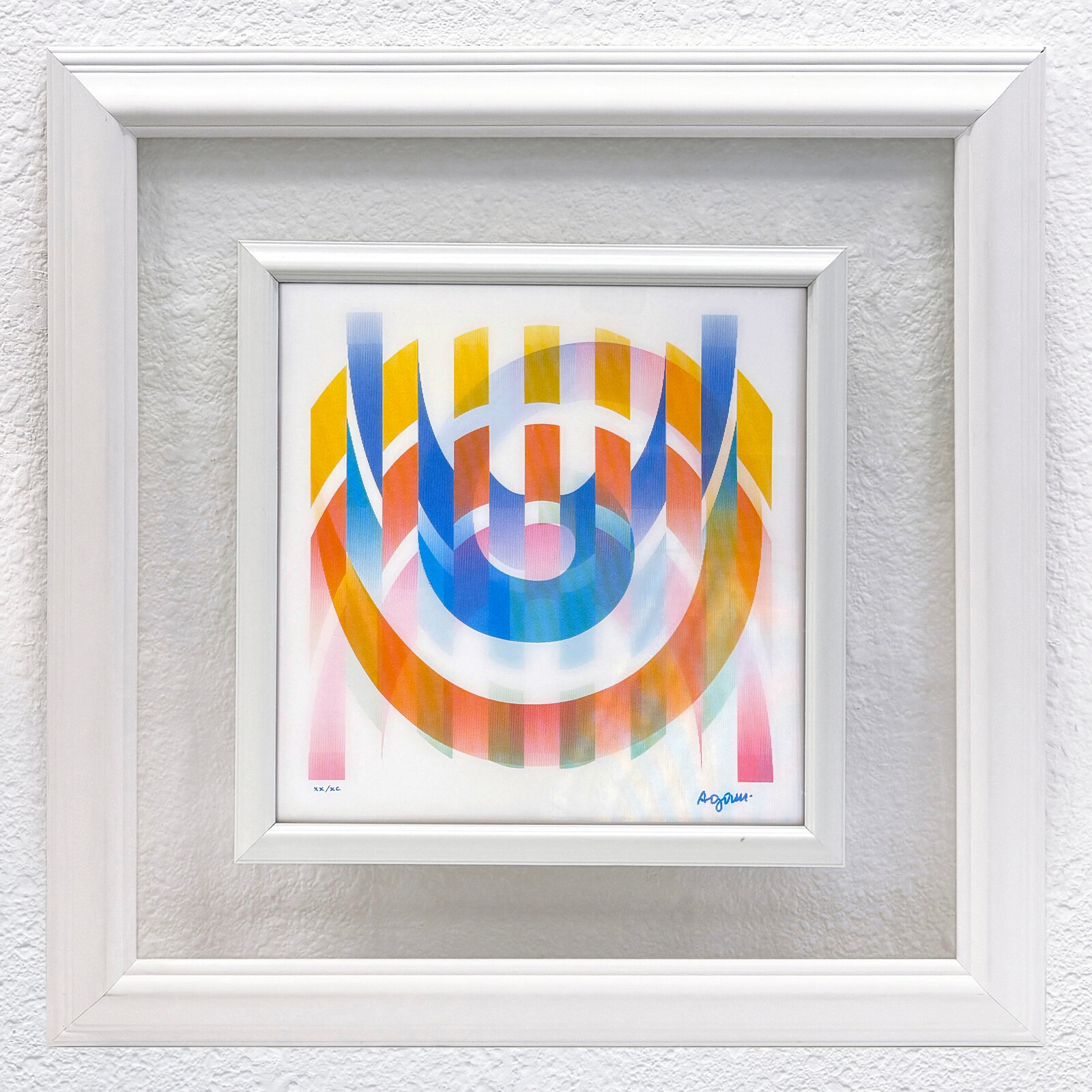 A colorful abstract geometric composition featuring a central arch and vertical stripes.
