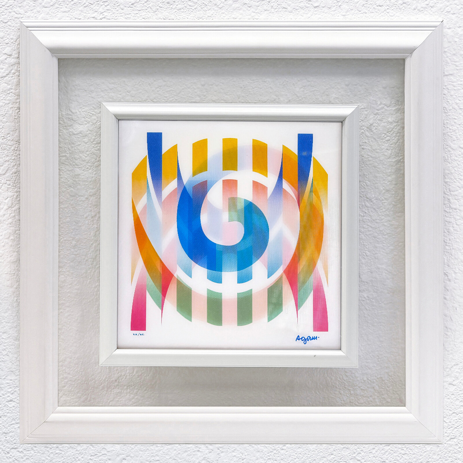 A colorful abstract geometric composition featuring a central arch and vertical stripes.