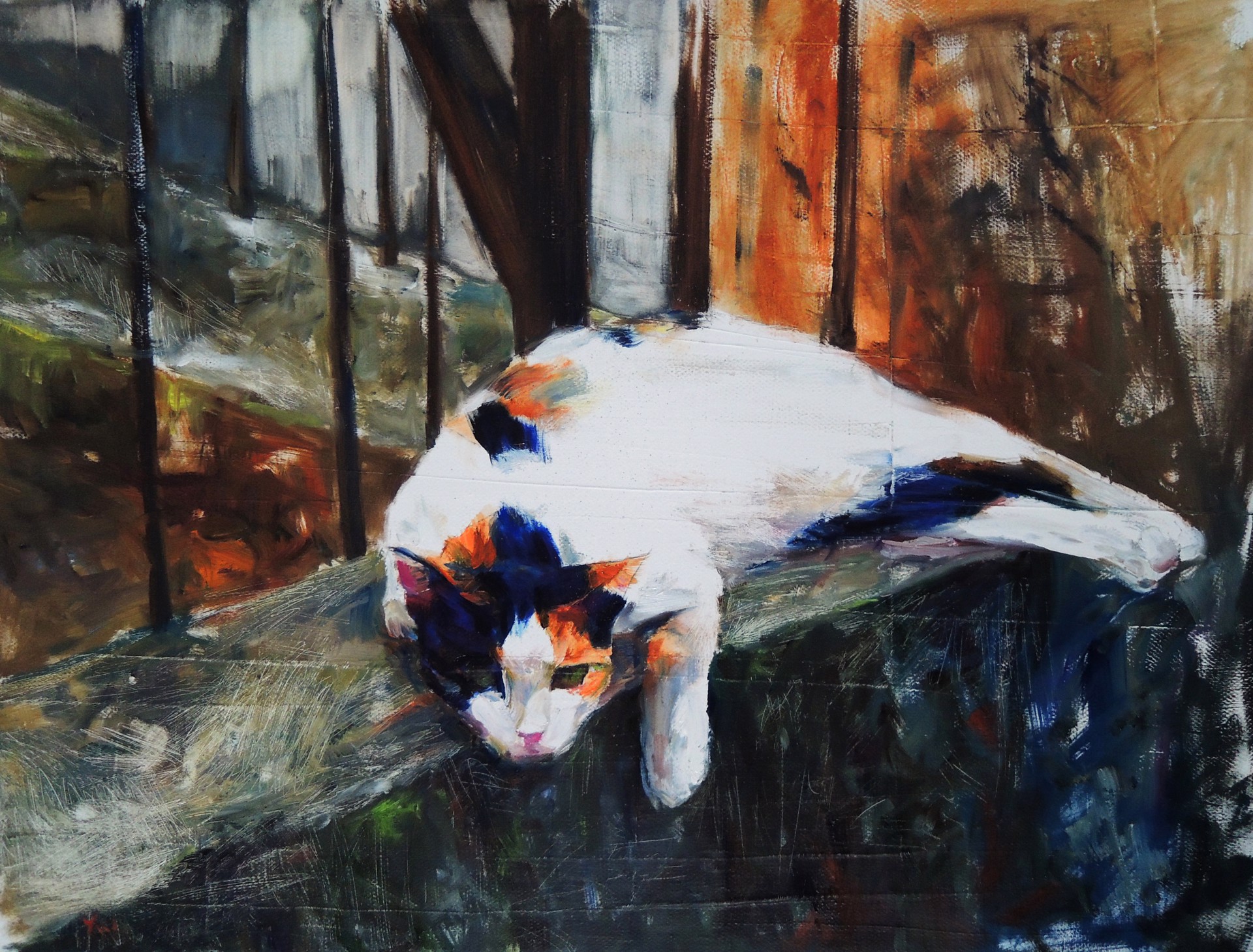 A painting of a cat laying down on the ground.