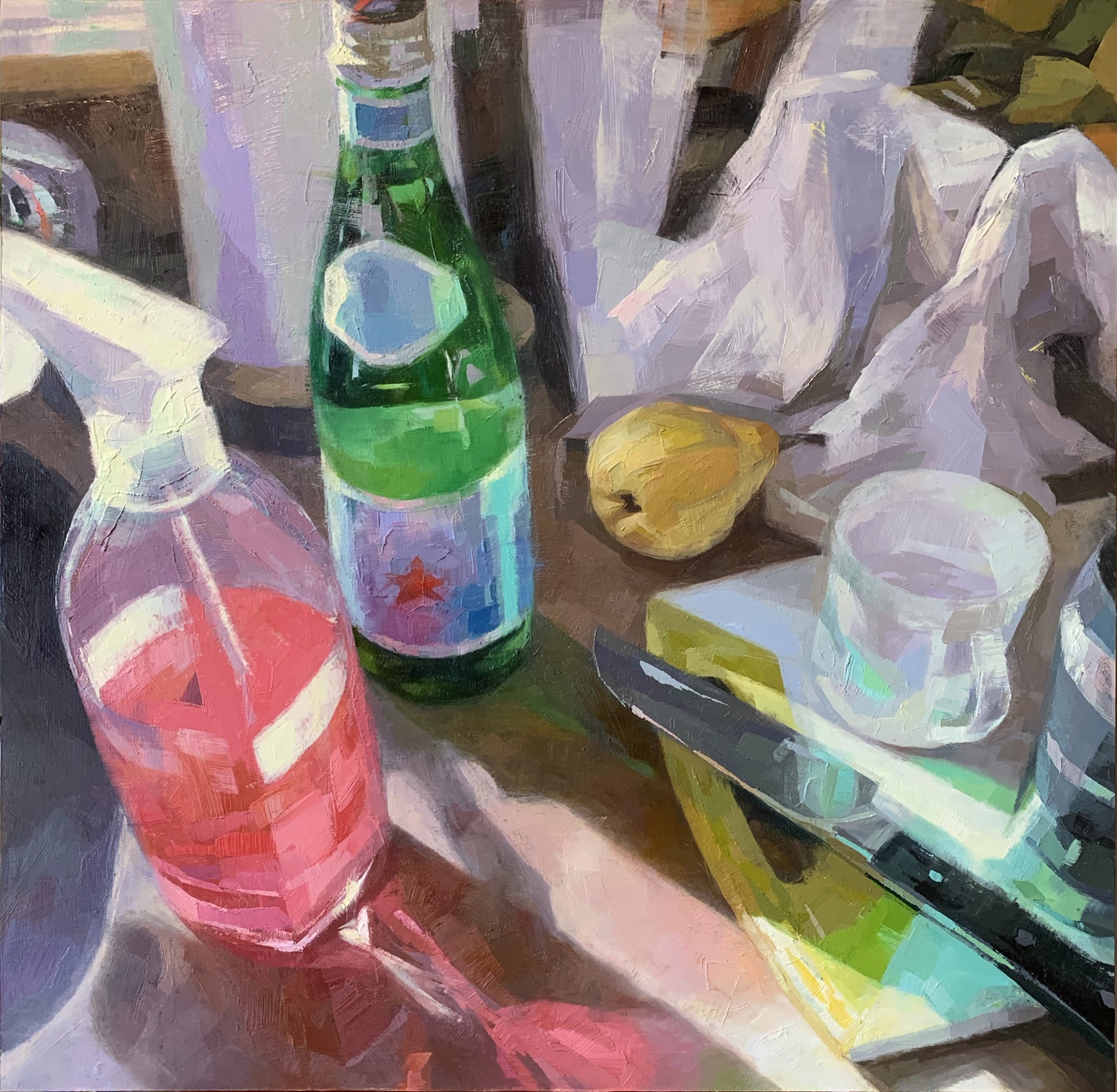 A still life painting featuring a spray bottle, green glass bottle, pear, and mug on a reflective surface.