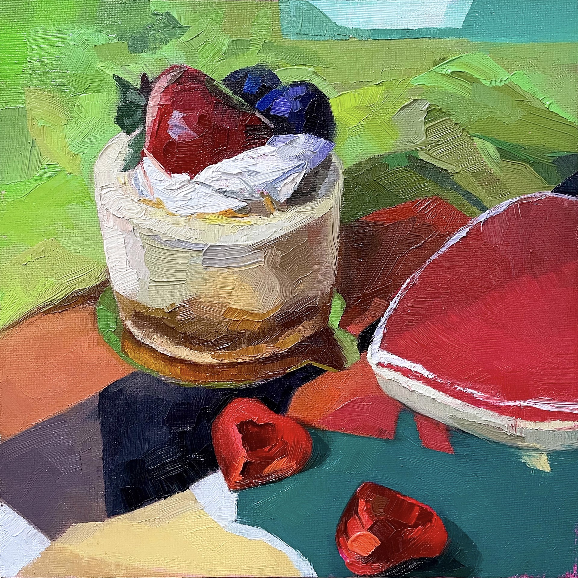 A painting of a dessert on a table with strawberries and blueberries.