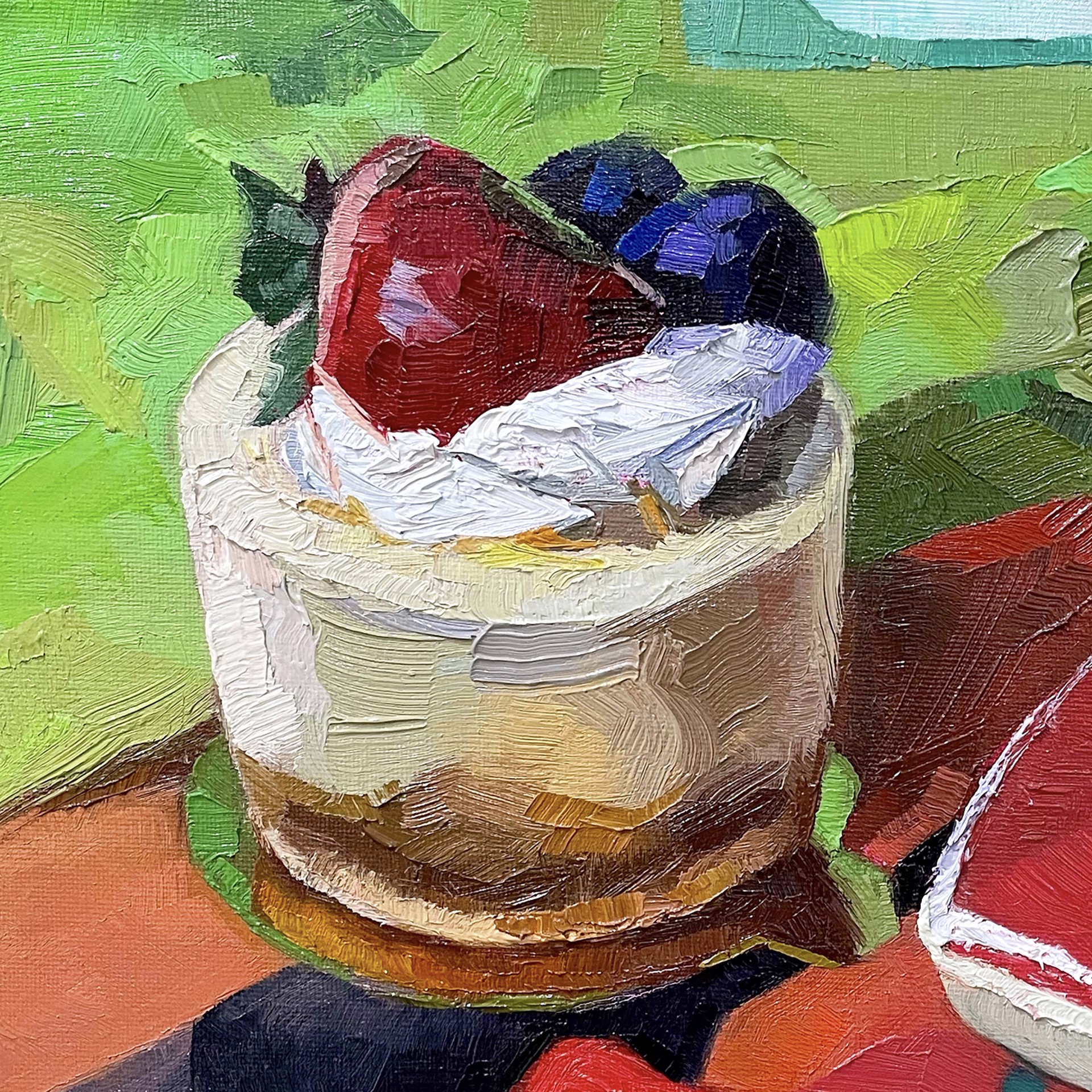 A painting of a dessert on a table with strawberries and blueberries.