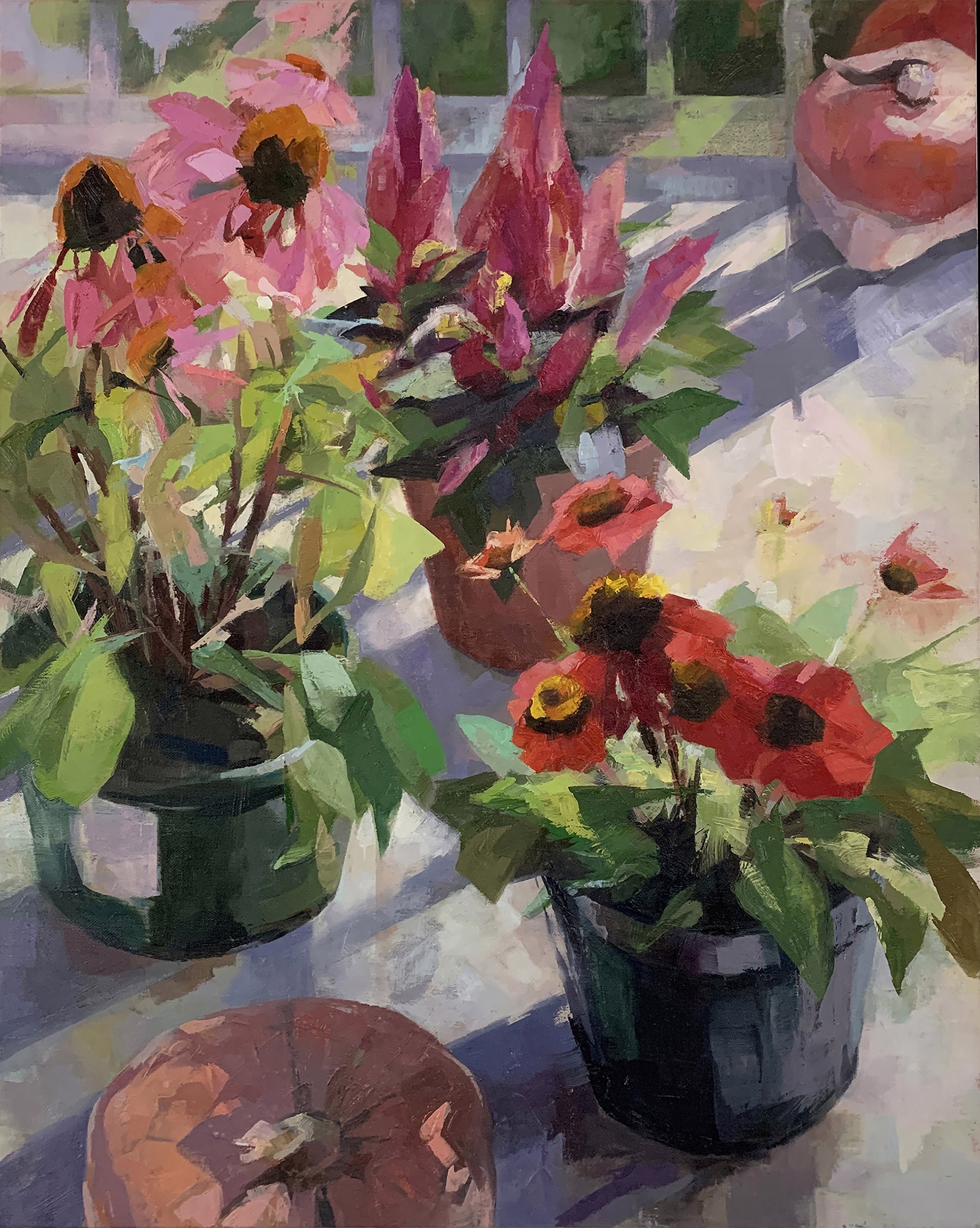 A painting of flowers in pots on a window sill.