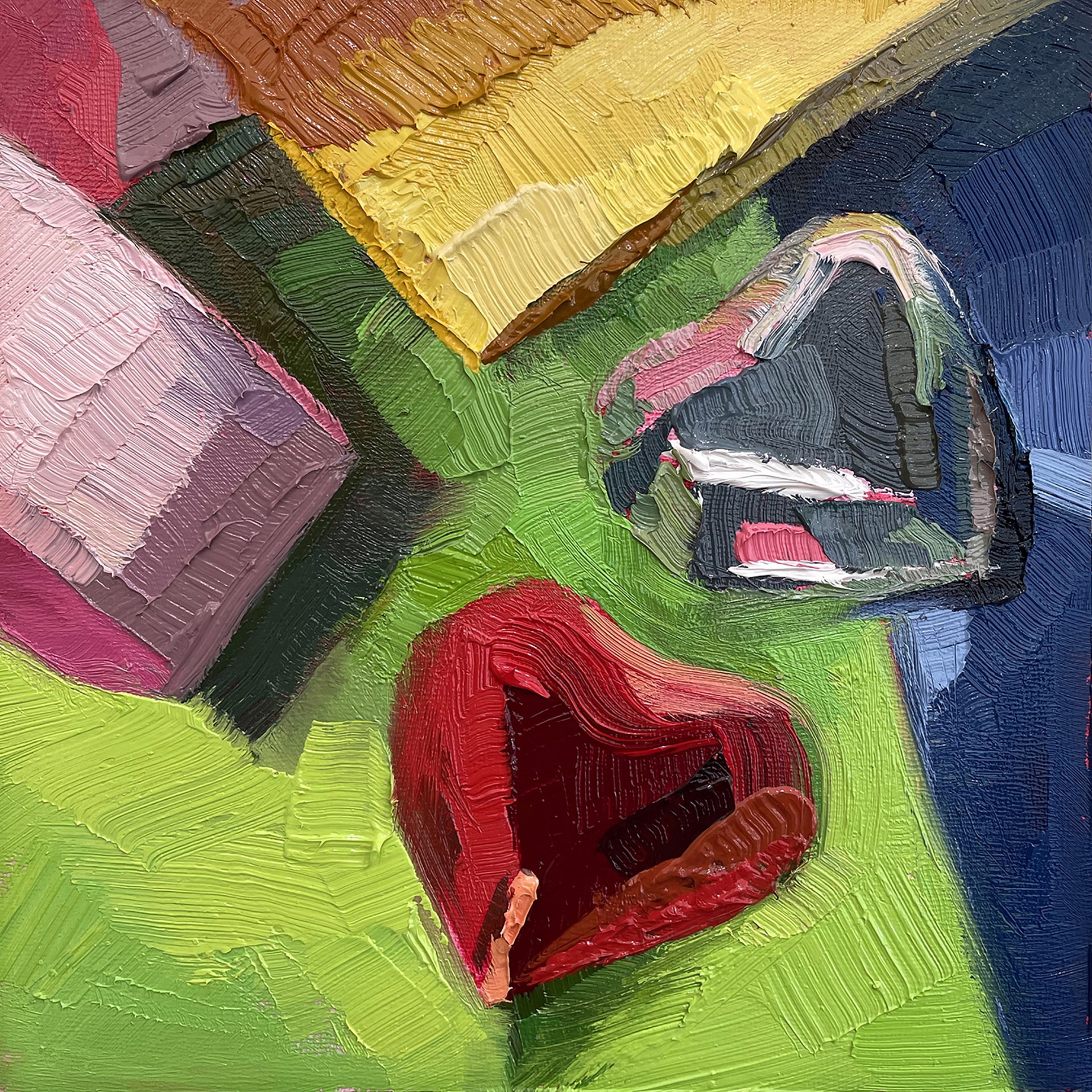 A painting of a red heart on a green background.