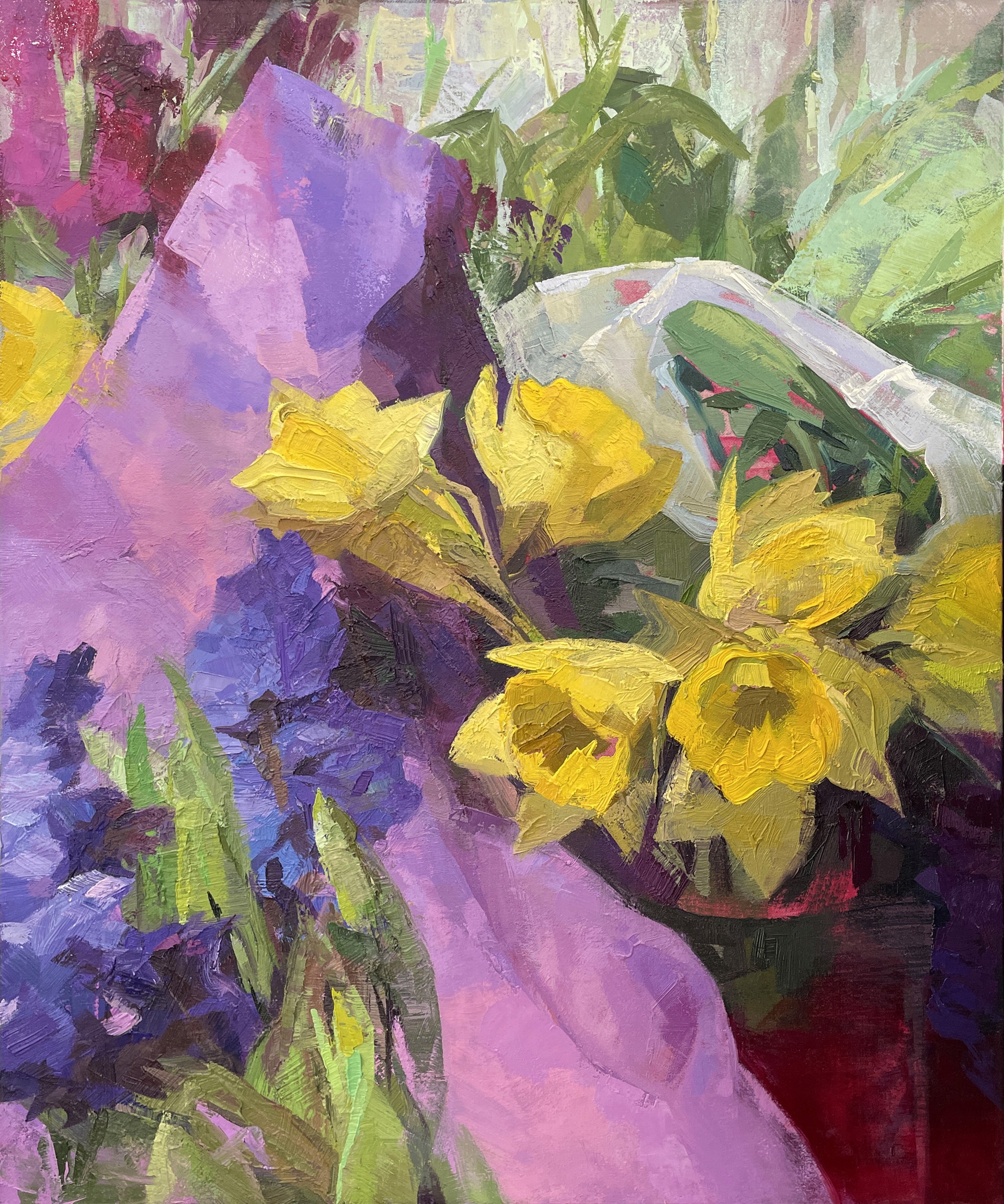 A painting of yellow flowers in a vase on a table.