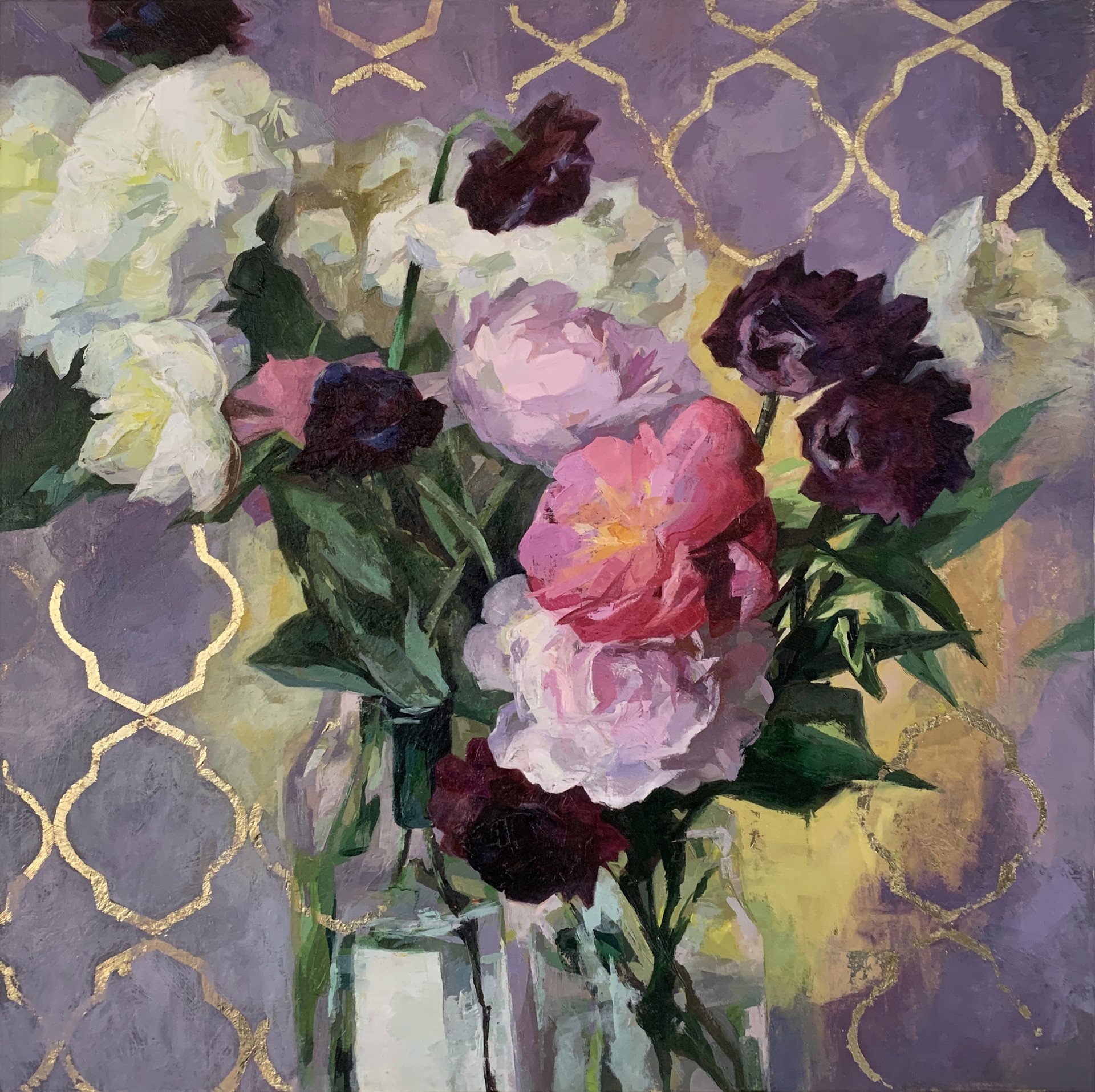 A painting of flowers in a vase on a table.
