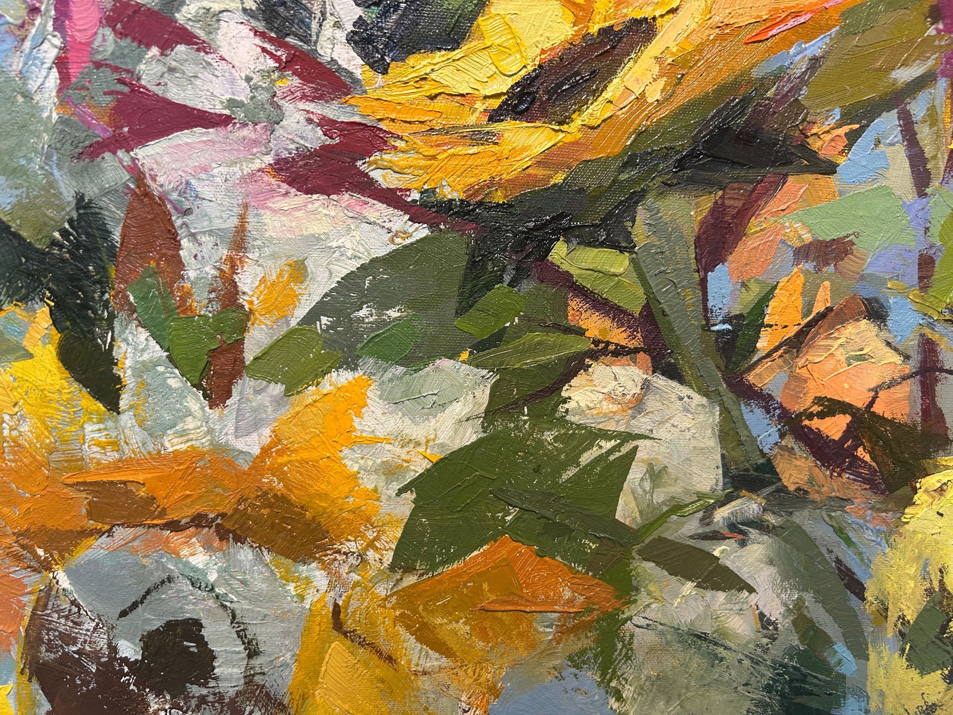 A painting of flowers in a vase on a table.