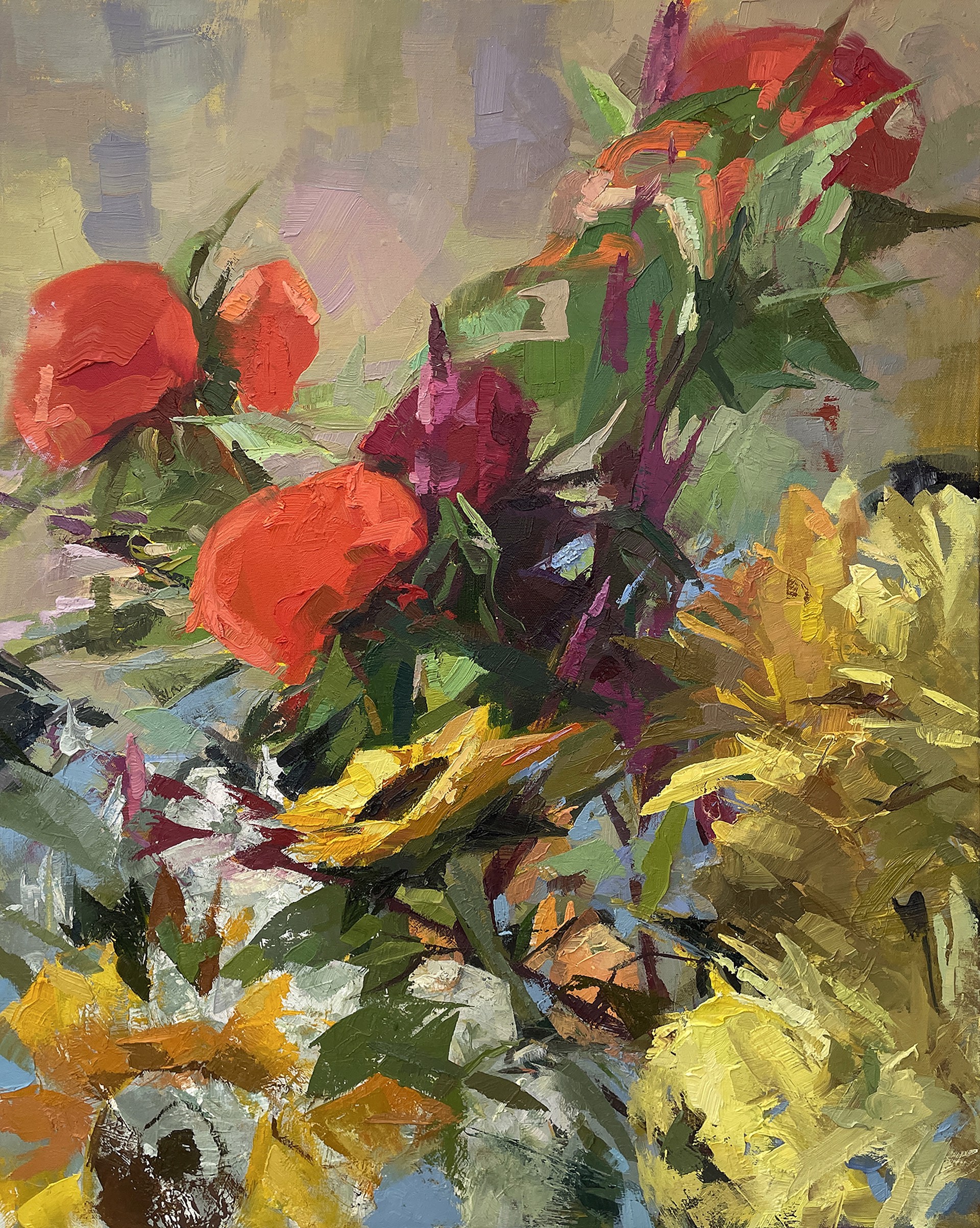 A painting of flowers in a vase on a table.