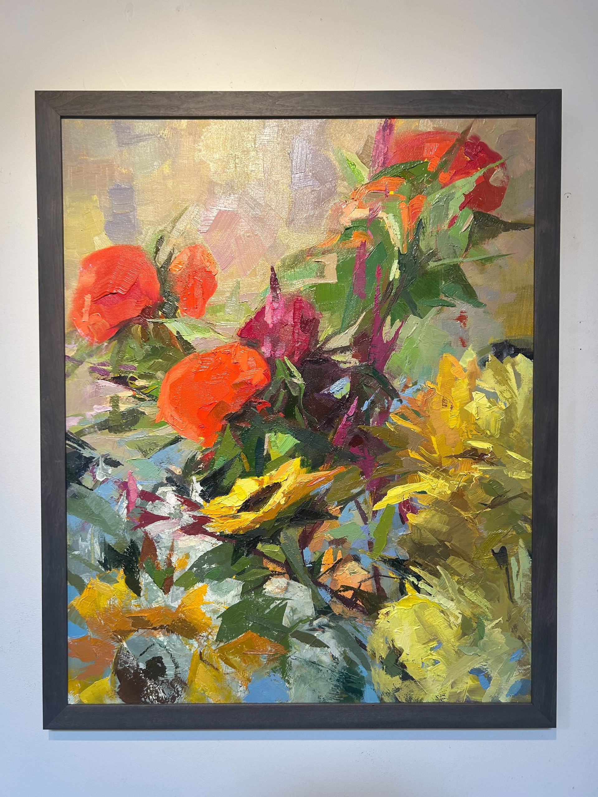 A painting of flowers in a vase on a table.