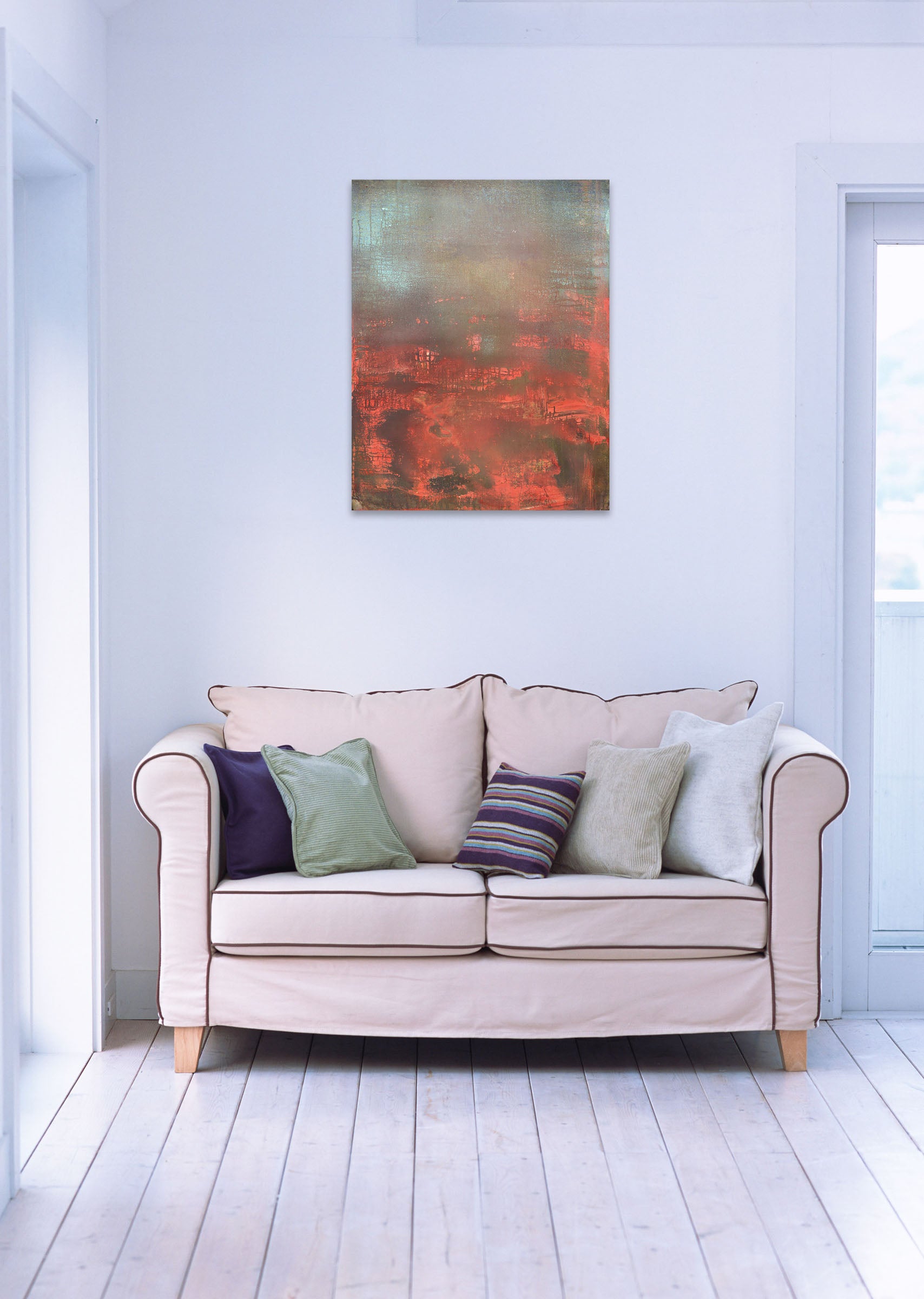 A painting with red and blue paint on a white background.