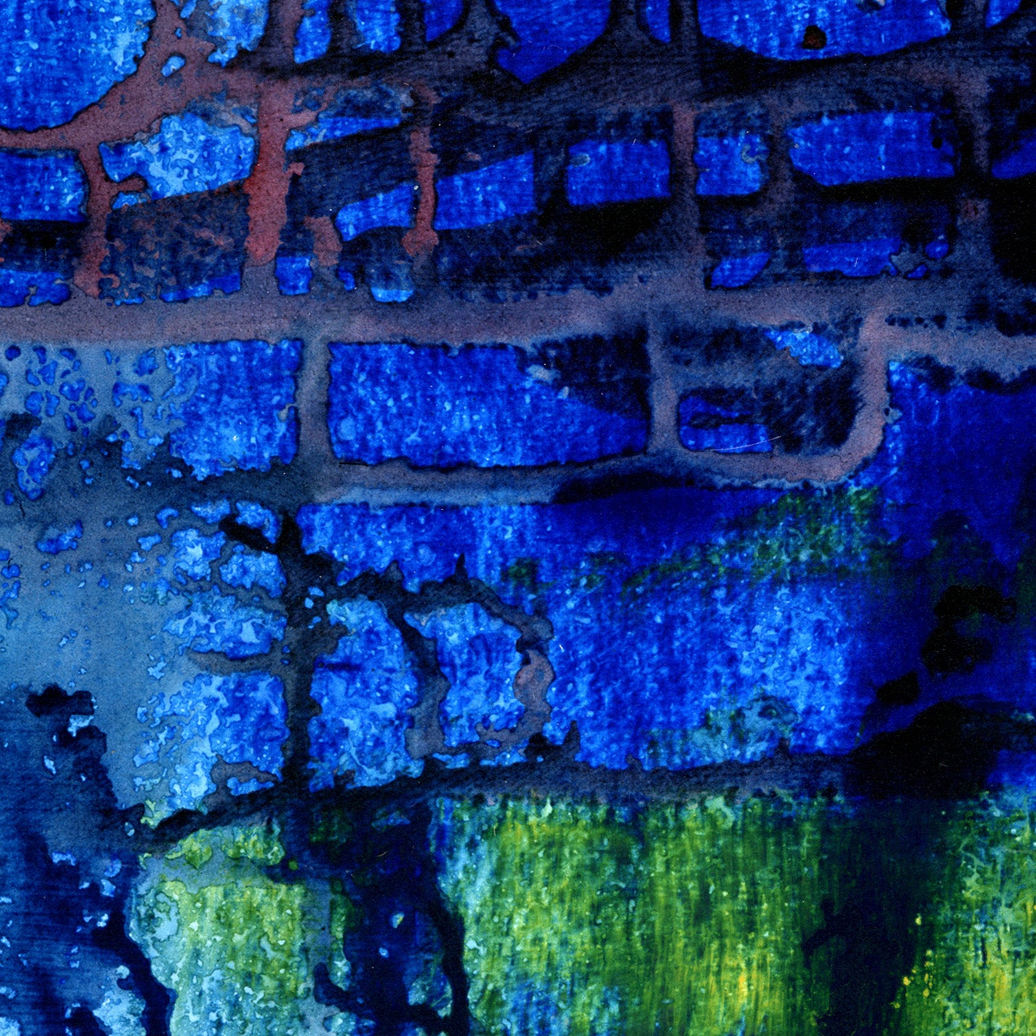 A painting of a blue and green abstract painting on a wall.