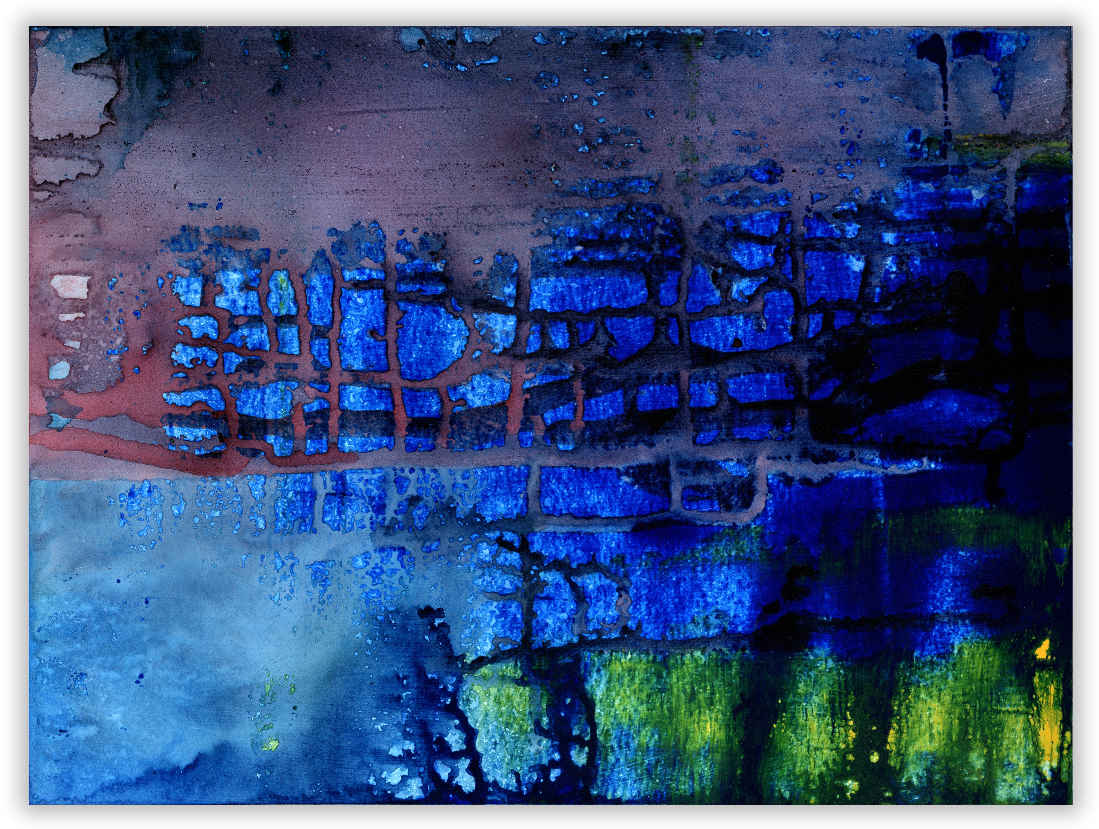 A painting of a blue and green abstract painting on a wall.