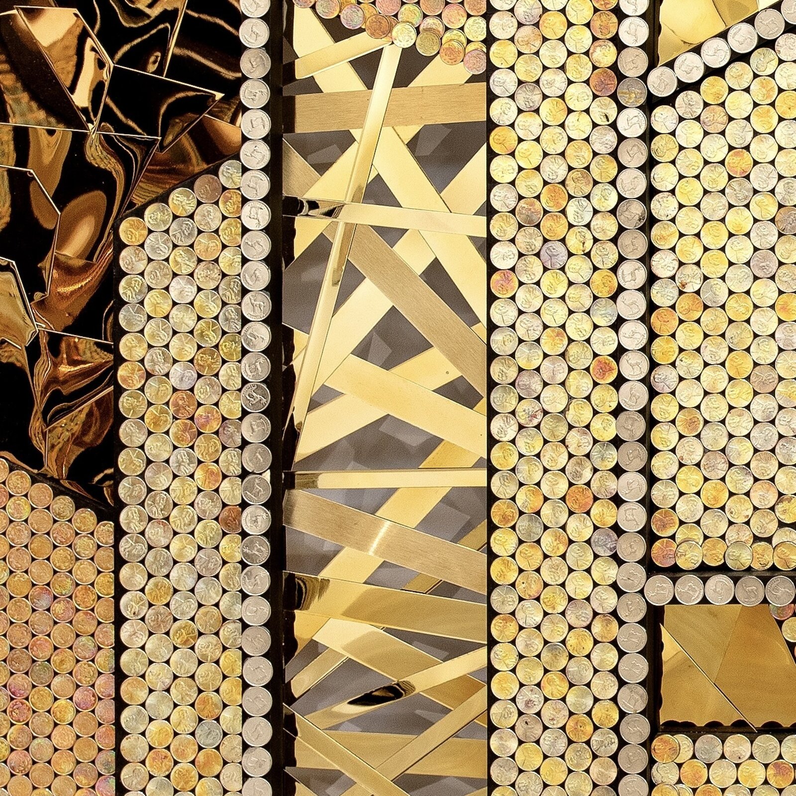 Artwork by Yaw Owusu, Morning Sun, Made of UAE fils, US pennies, Ghana pesewas, stainless steel, copper wire and wood 