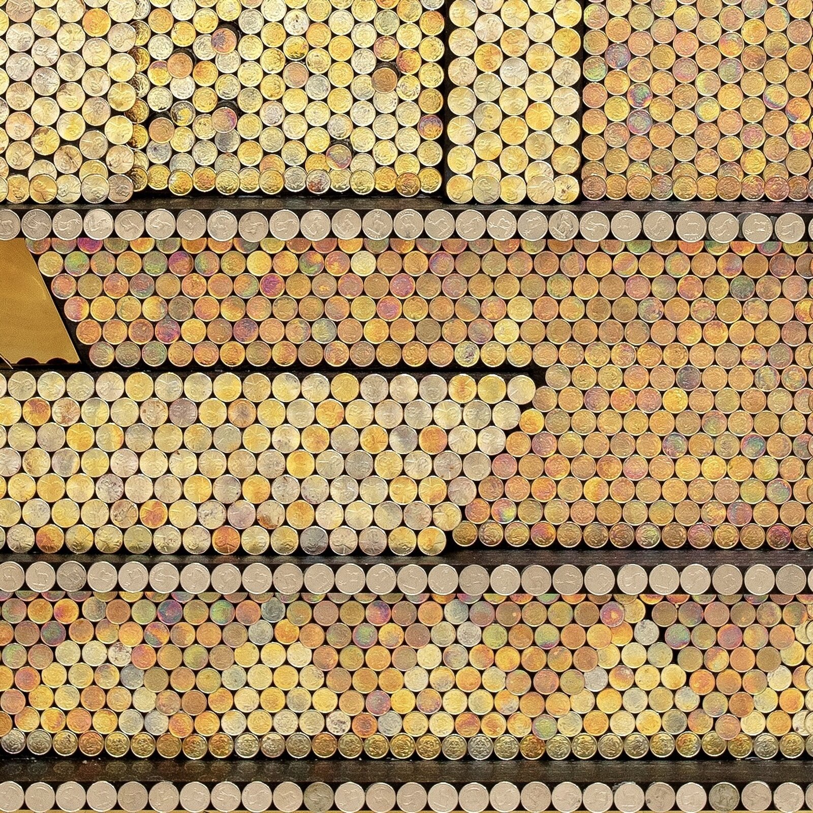 Artwork by Yaw Owusu, Morning Sun, Made of UAE fils, US pennies, Ghana pesewas, stainless steel, copper wire and wood 