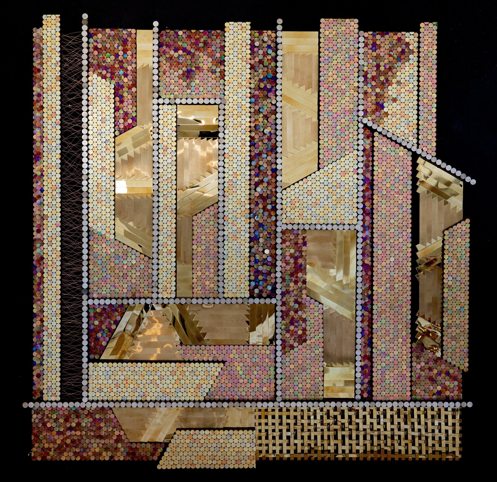 A geometric architectural collage built from thousands of small, iridescent discs and wooden elements.