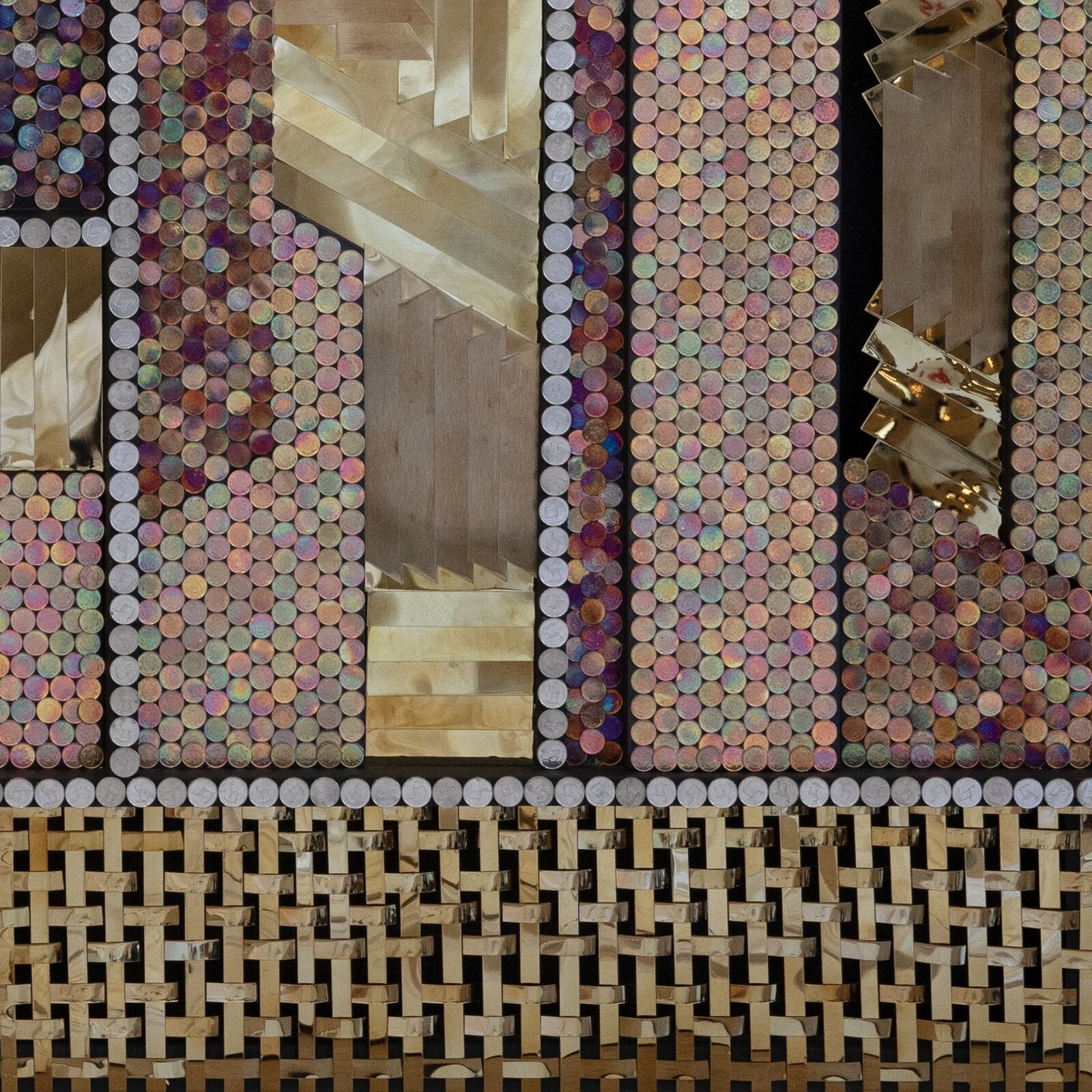 A geometric architectural collage built from thousands of small, iridescent discs and wooden elements.