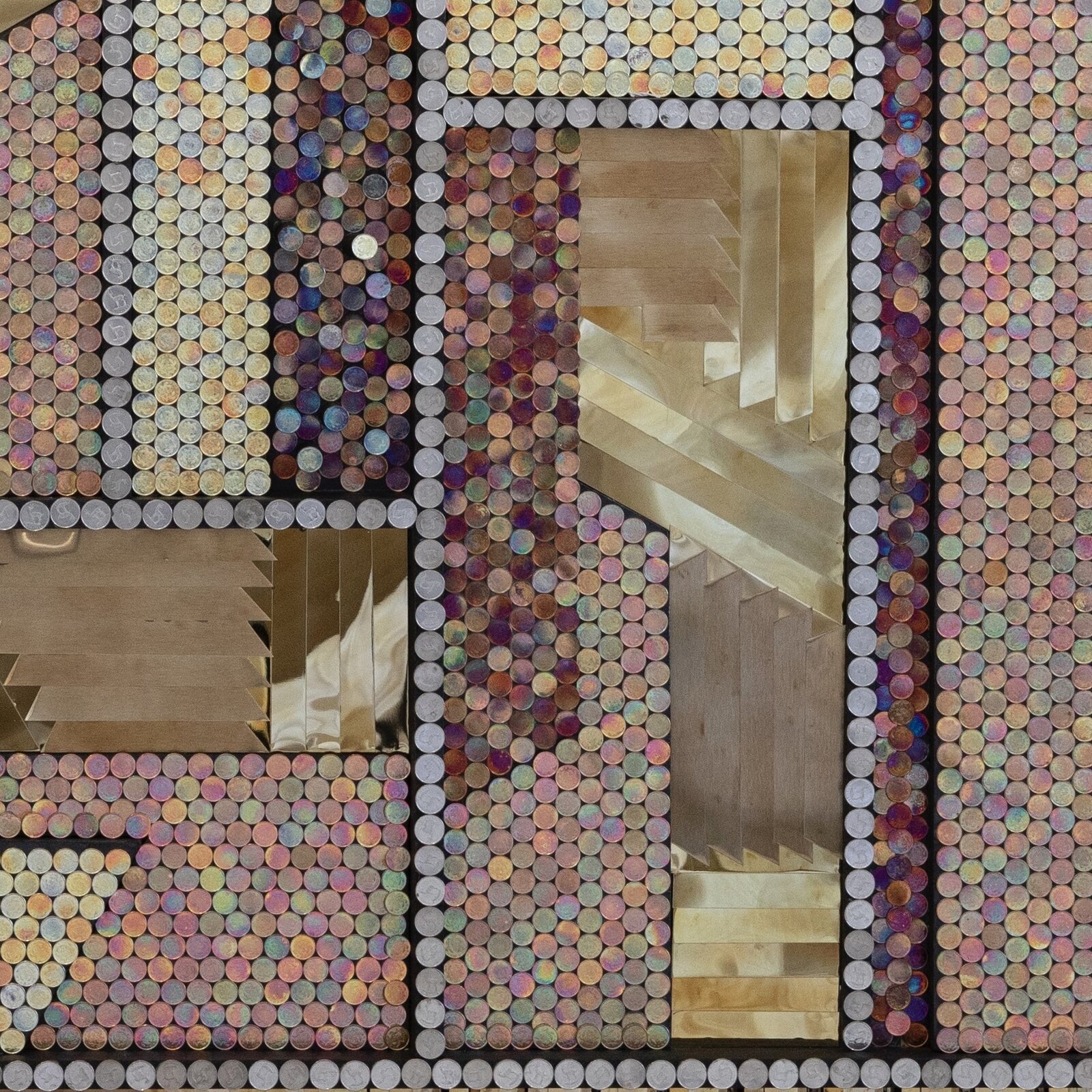 A geometric architectural collage built from thousands of small, iridescent discs and wooden elements.