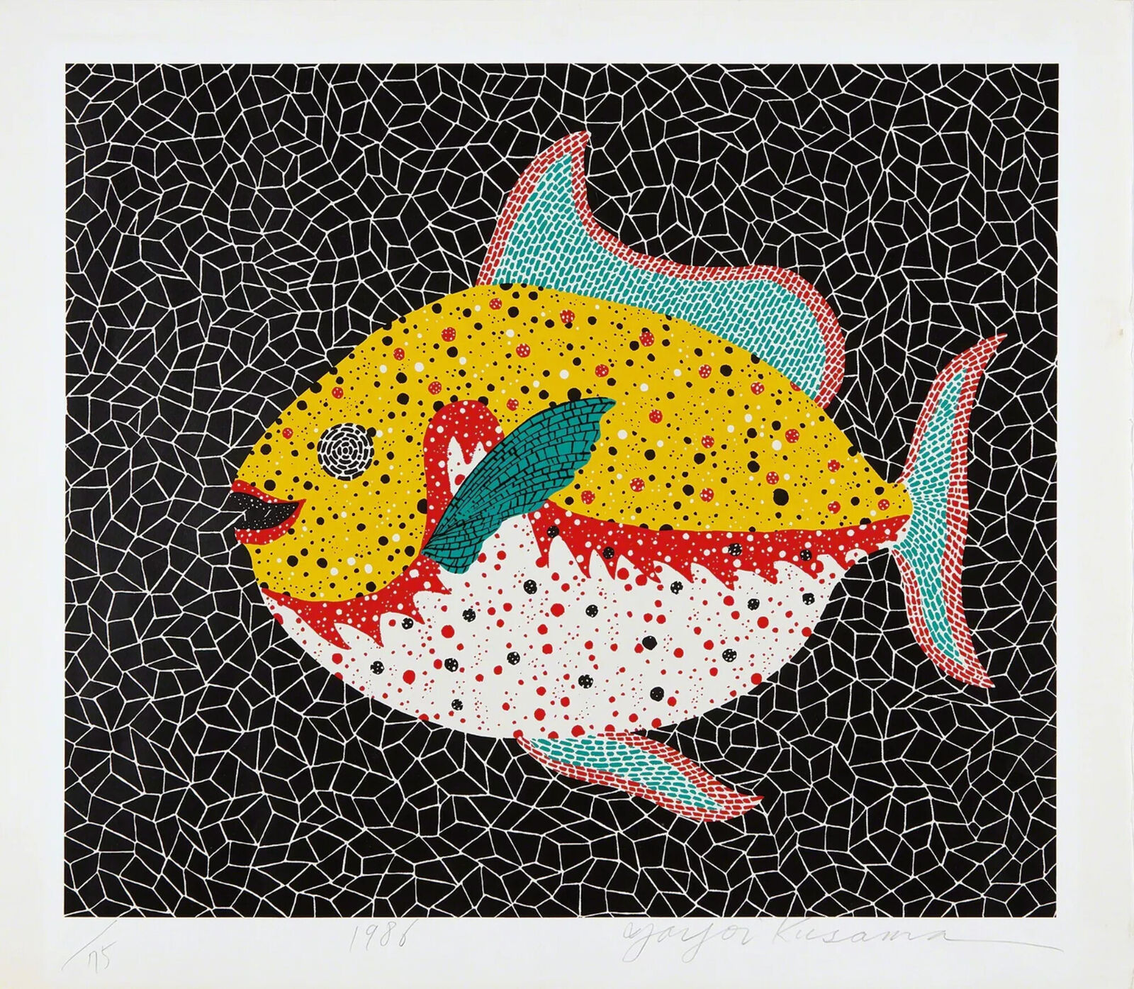 A colorful fish on a black and white background.