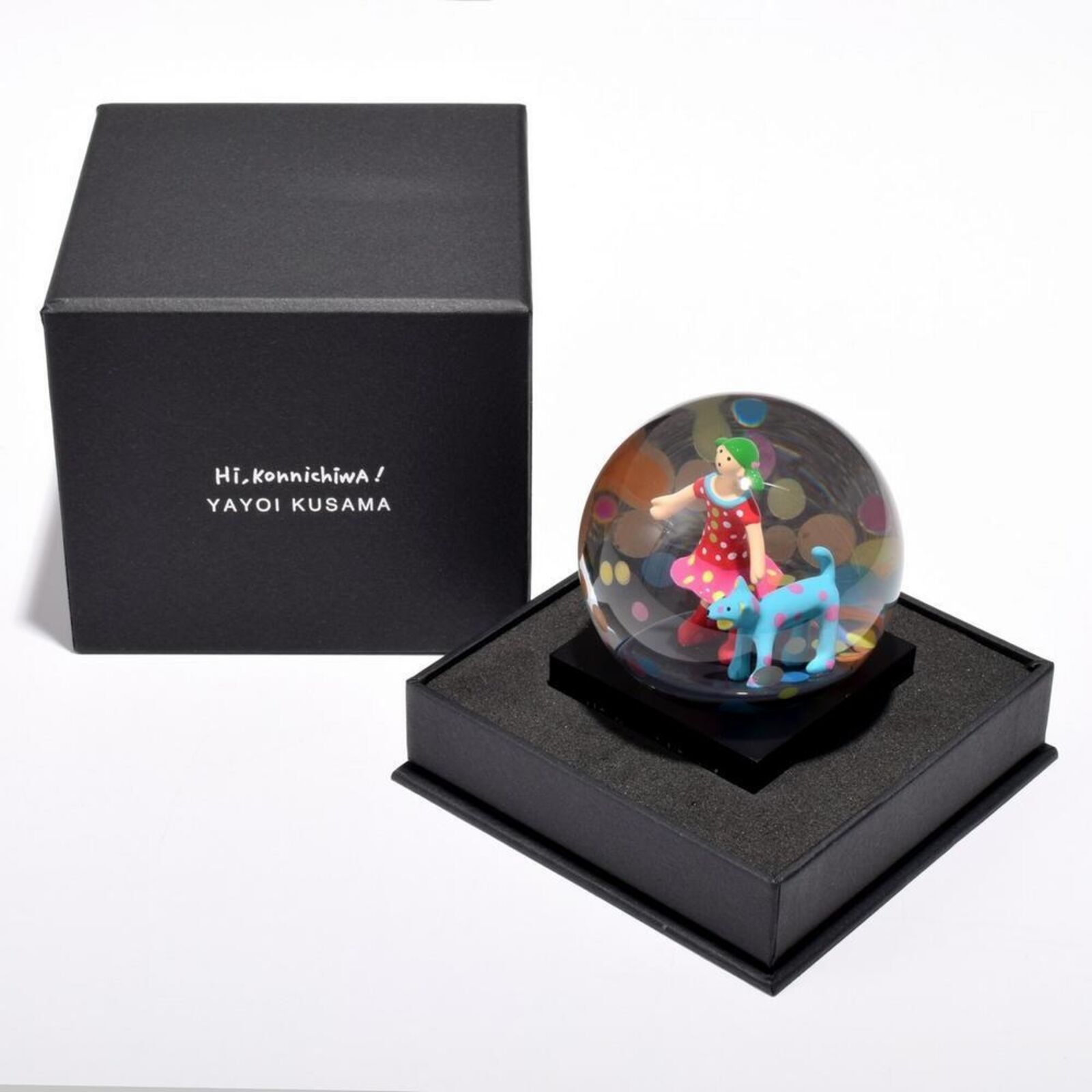 Artwork by Yayoi Kusama, Snow Globe (Hi, Konnichiwa!), Made of Glass, Polyresin and Water 