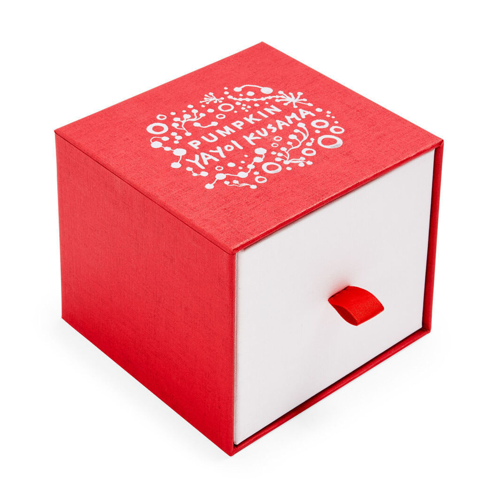 A red and white polka dot pumpkin on a white background.