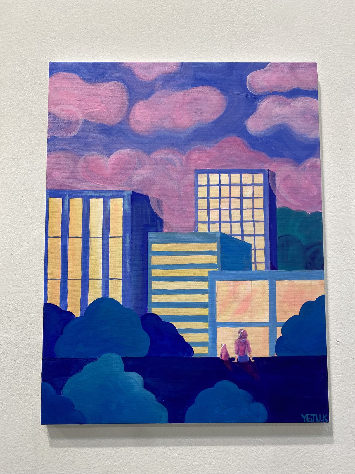 A stylized cityscape painting featuring a figure and cat against glowing buildings under a pink sky.