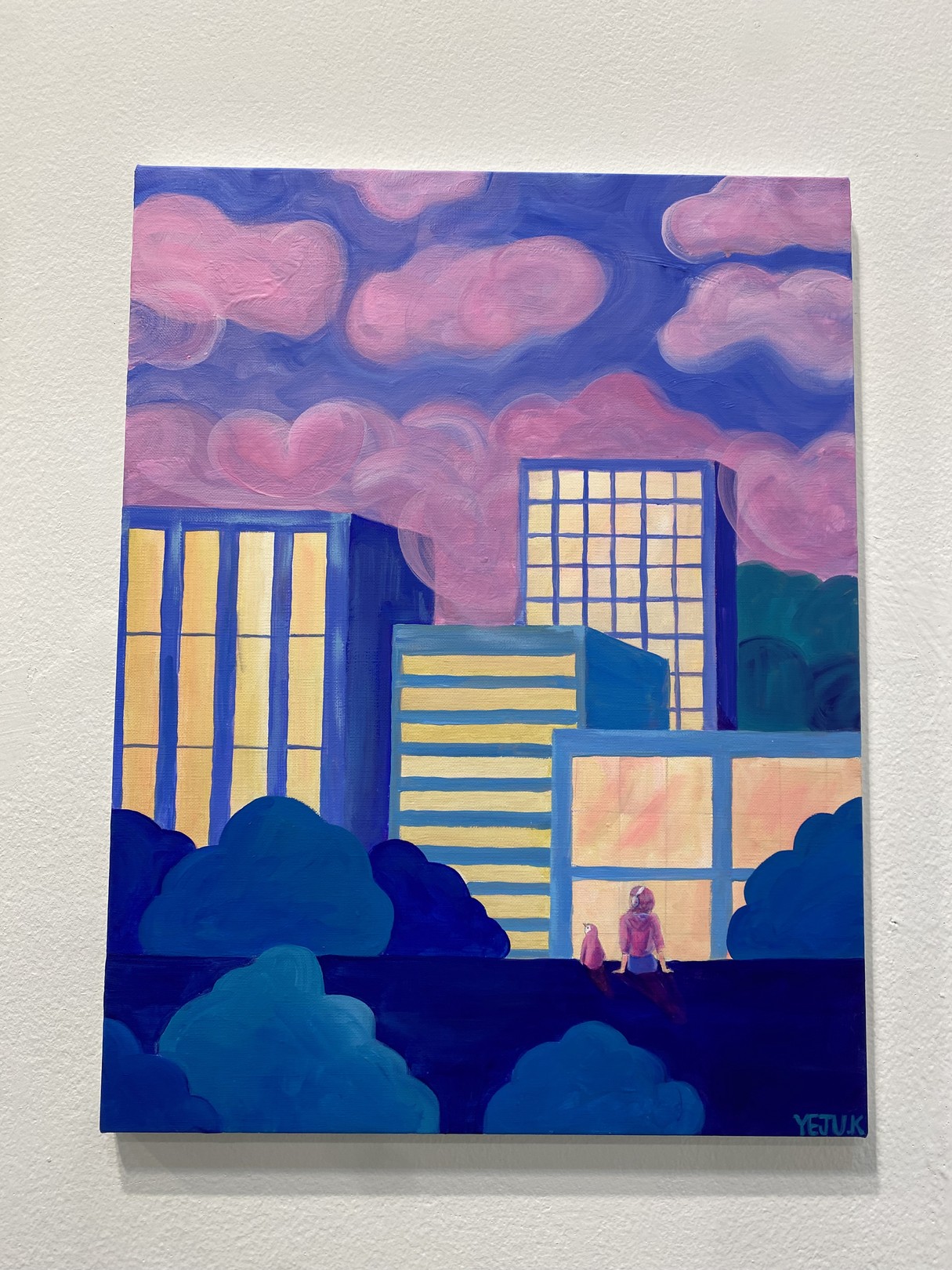 A stylized cityscape painting featuring a figure and cat against glowing buildings under a pink sky.