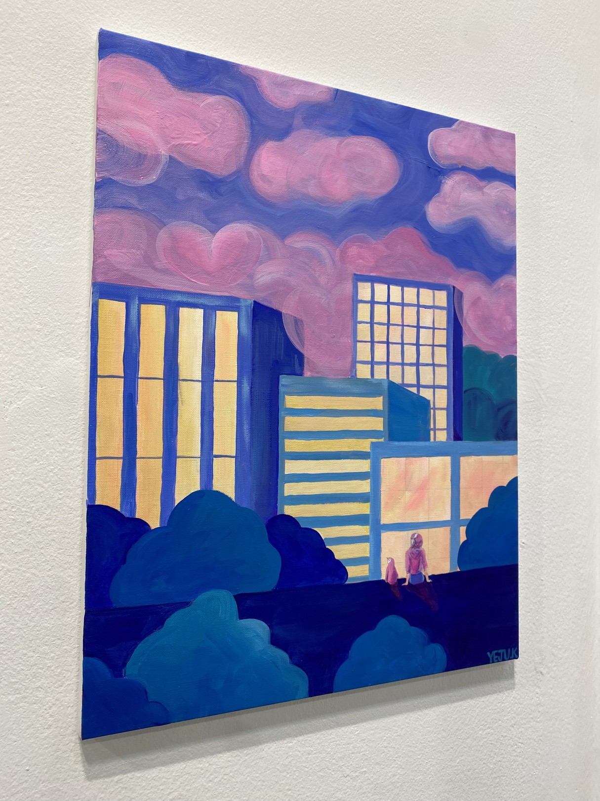 A stylized cityscape painting featuring a figure and cat against glowing buildings under a pink sky.