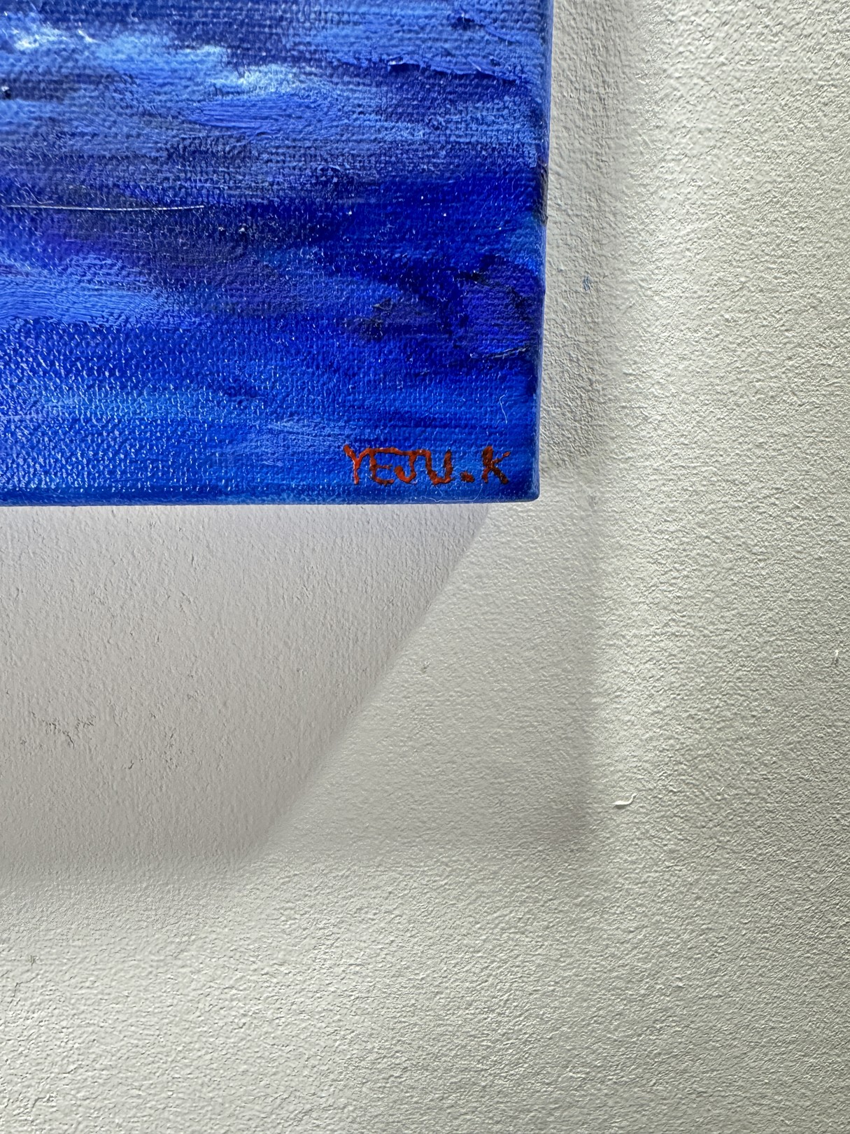 A surreal landscape painting featuring a white llama and an orange dinosaur standing on a dark rock in a deep blue sea.