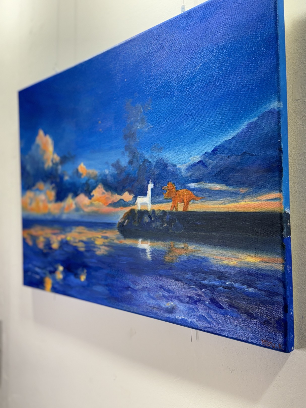 A surreal landscape painting featuring a white llama and an orange dinosaur standing on a dark rock in a deep blue sea.