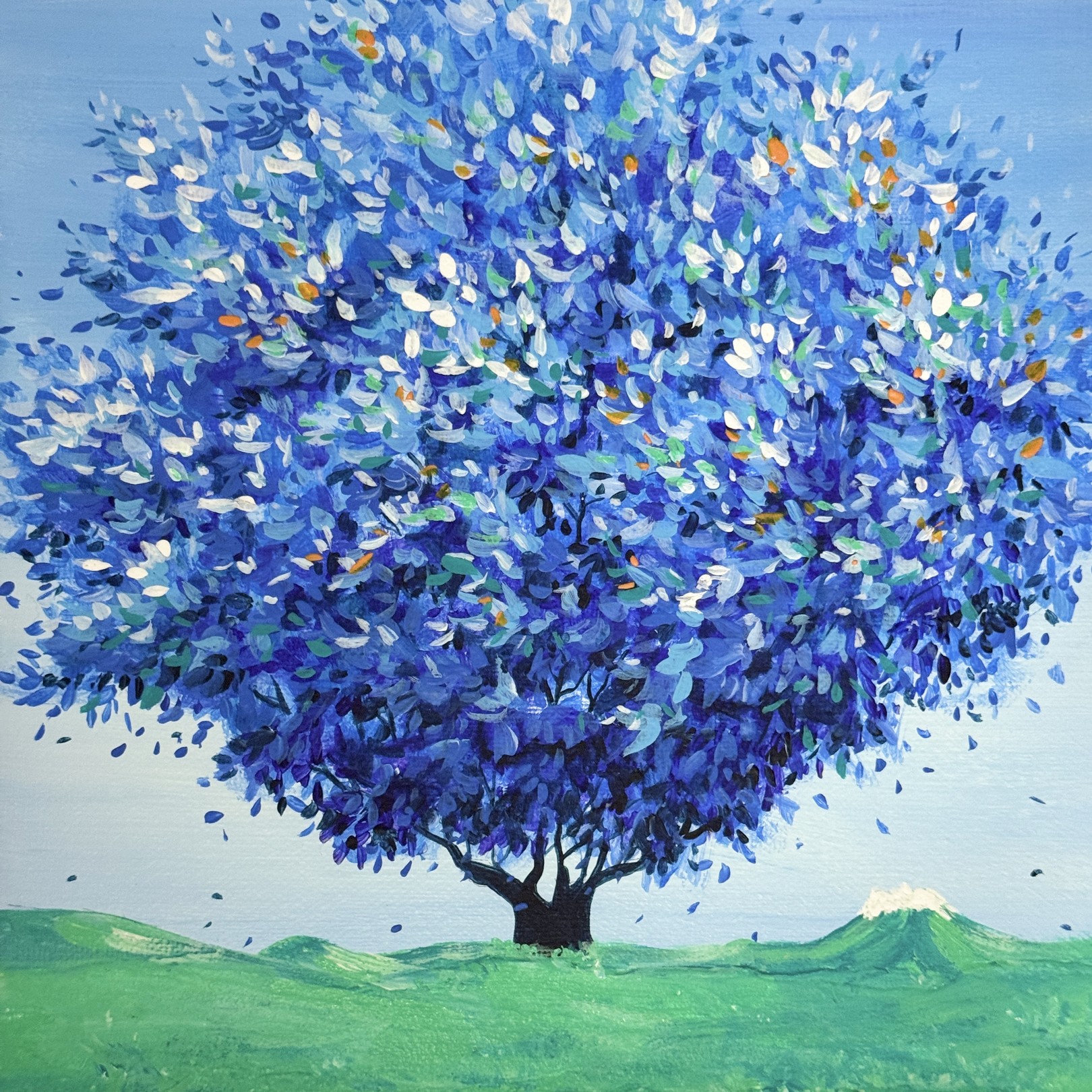 A vibrant landscape painting featuring a large blue tree against a green hill.