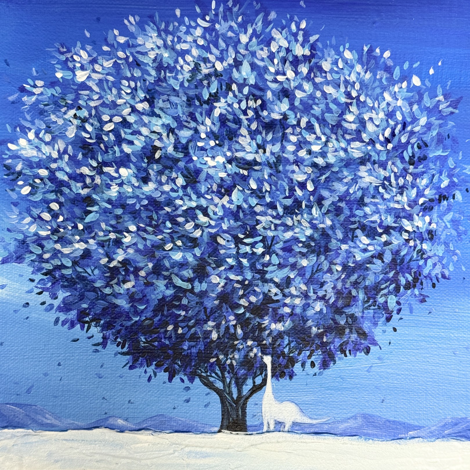 A serene landscape featuring a large tree with blue foliage and a white dinosaur standing beneath it.