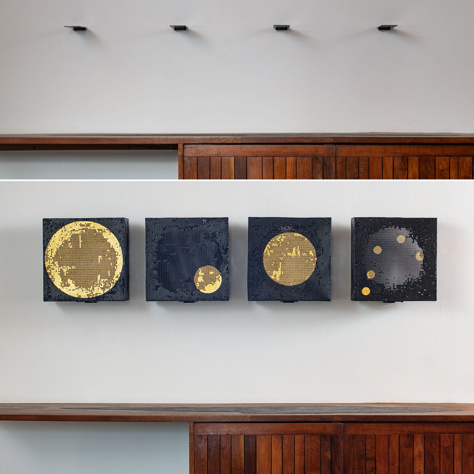 A set of four square canvases featuring pixelated celestial bodies against a minimalist interior.